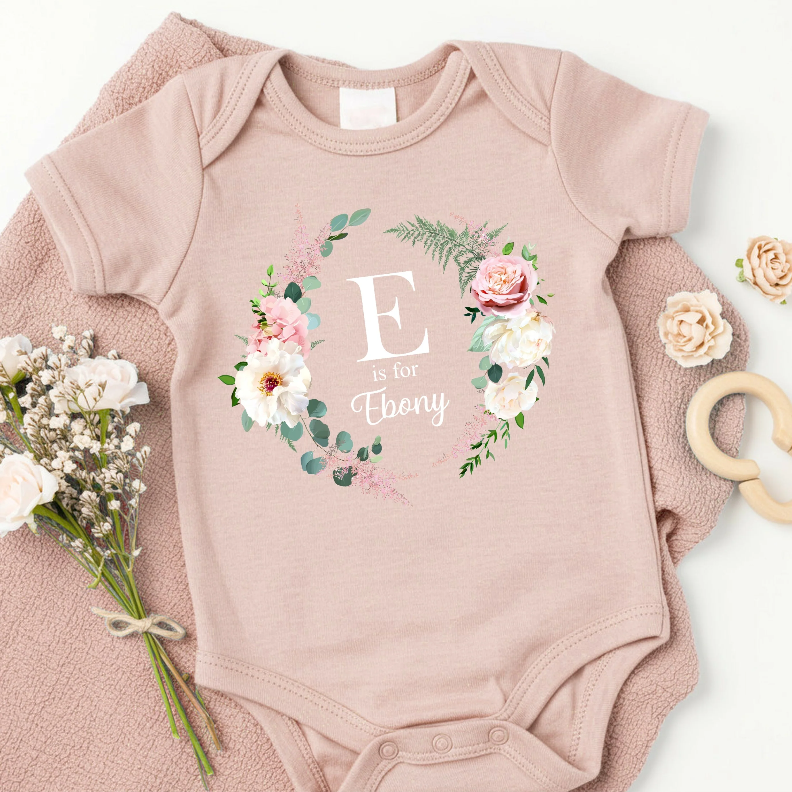 Personalised Pink Floral Wreath Initial Babygrow/Romper - Image 4