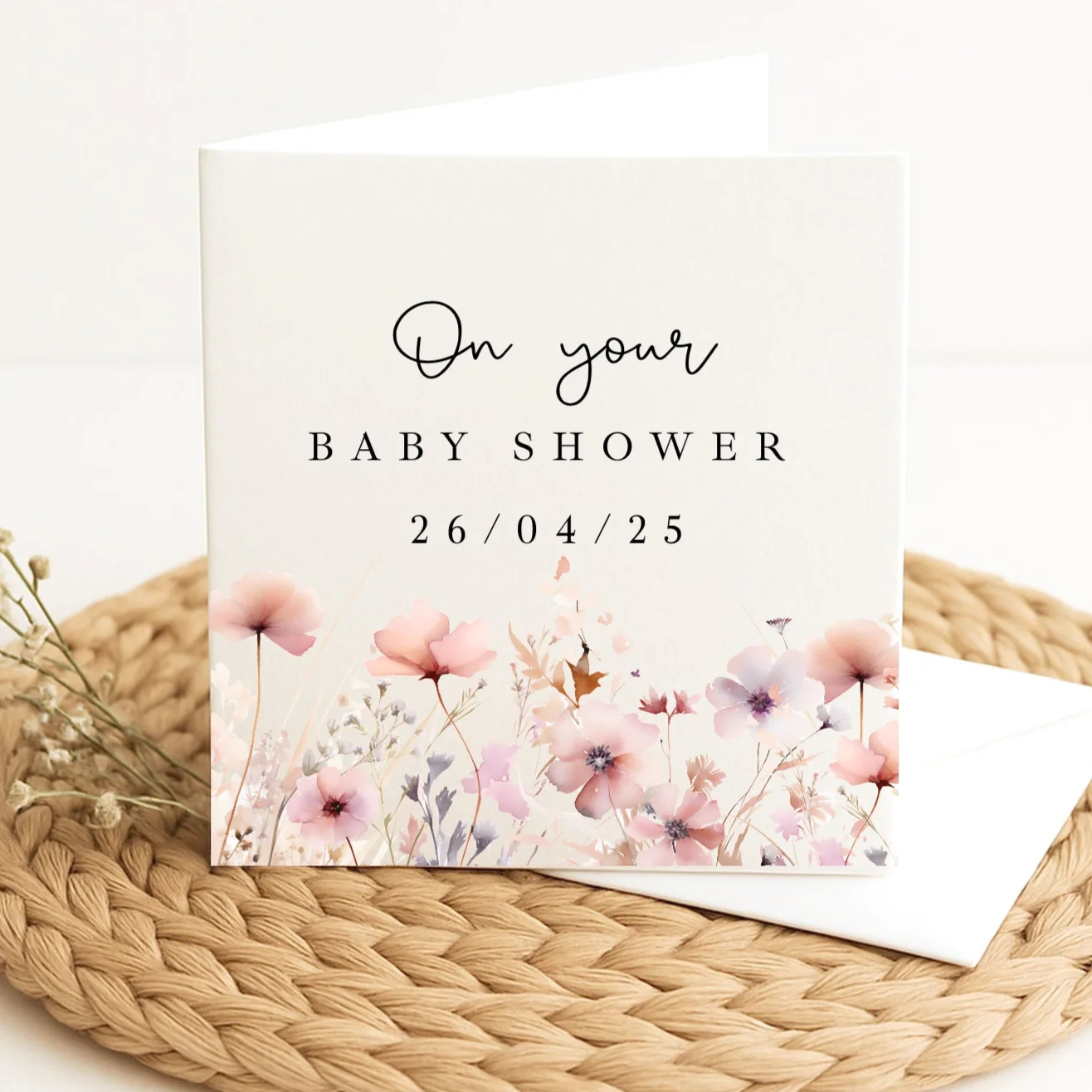 Personalised Pink Flowers Baby Shower Card