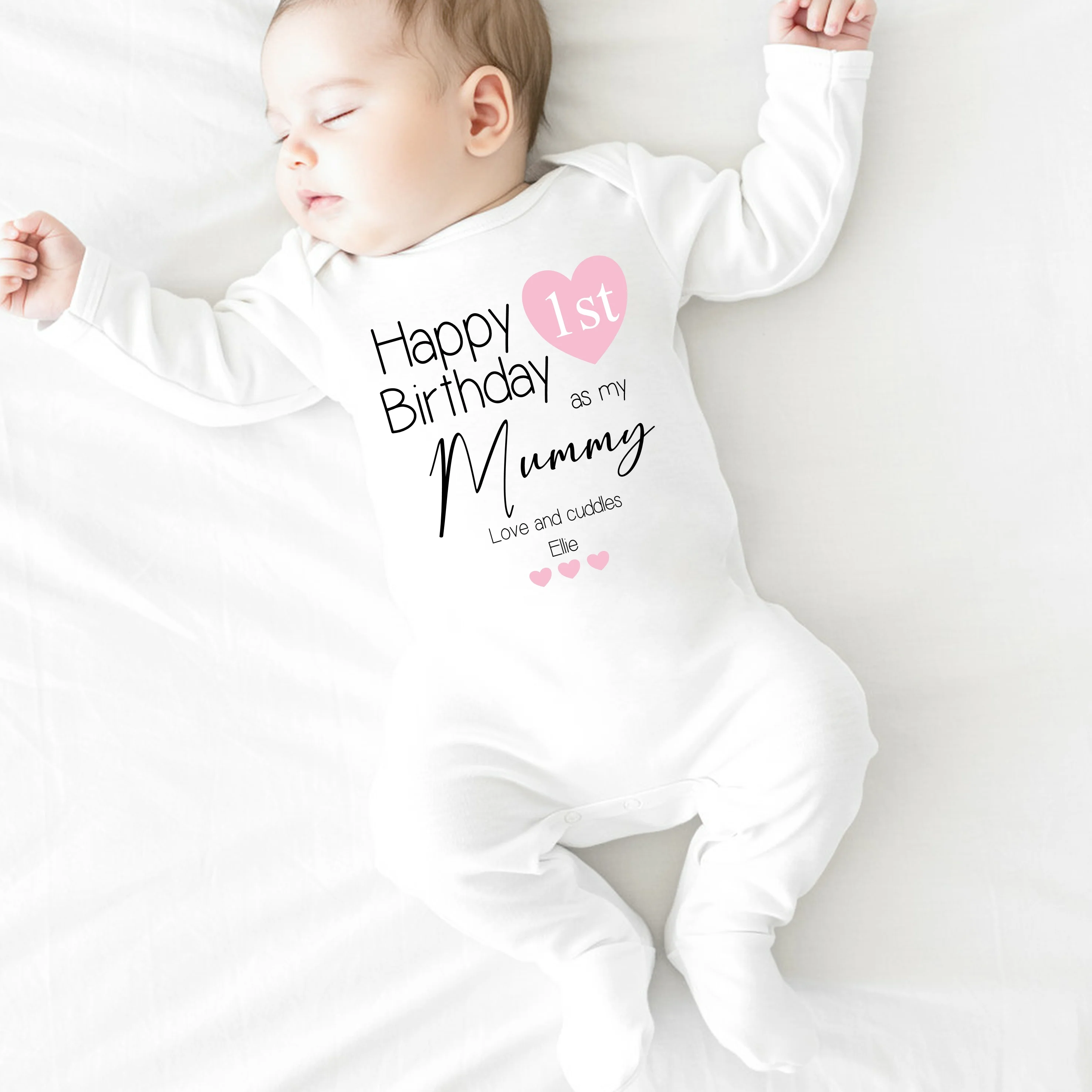 Personalised Pink Heart Happy 1st Birthday As My Mummy Baby Grow or Vest - Image 4