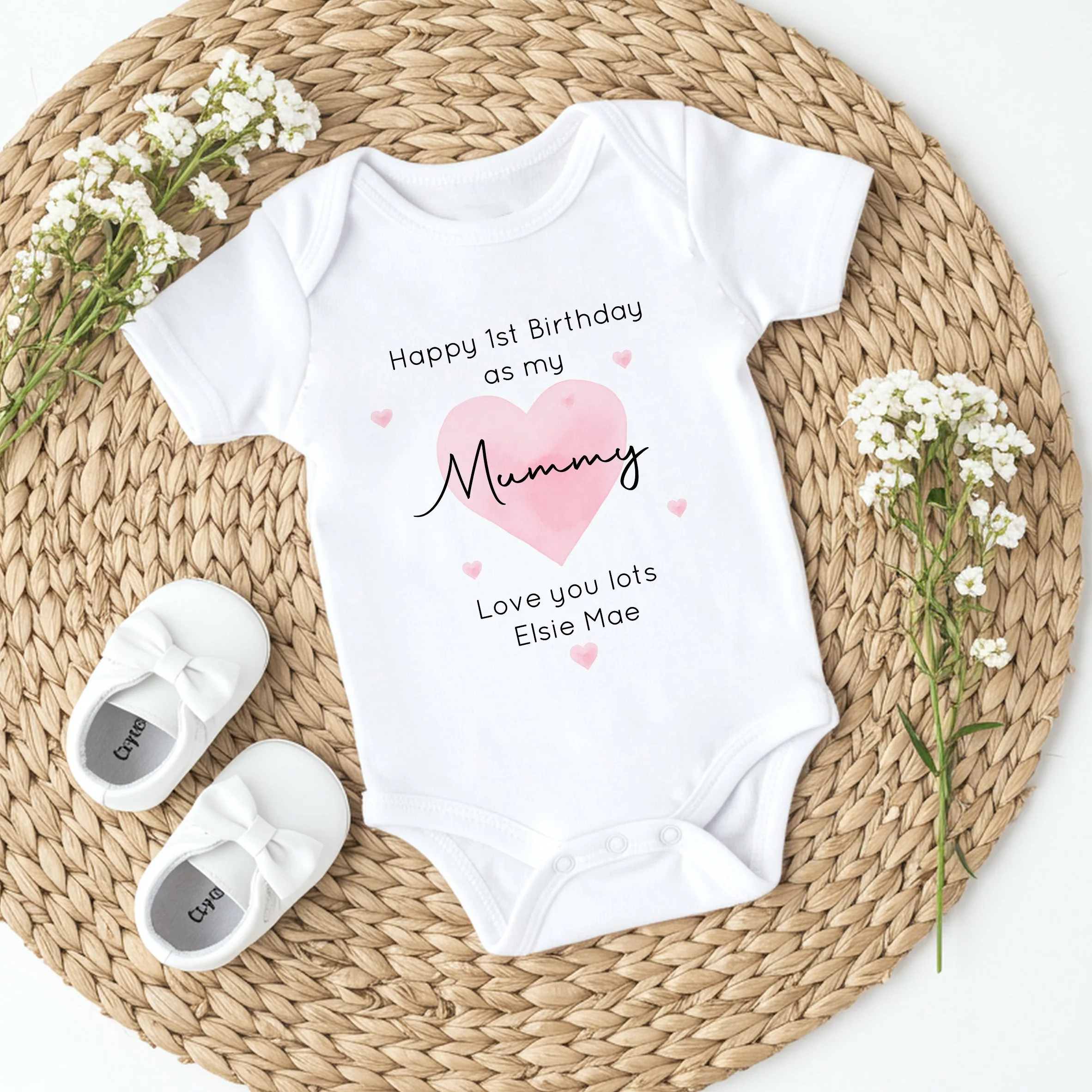 Personalised Pink Heart Happy 1st  Birthday As My Mummy Baby Grow or Vest - Image 3