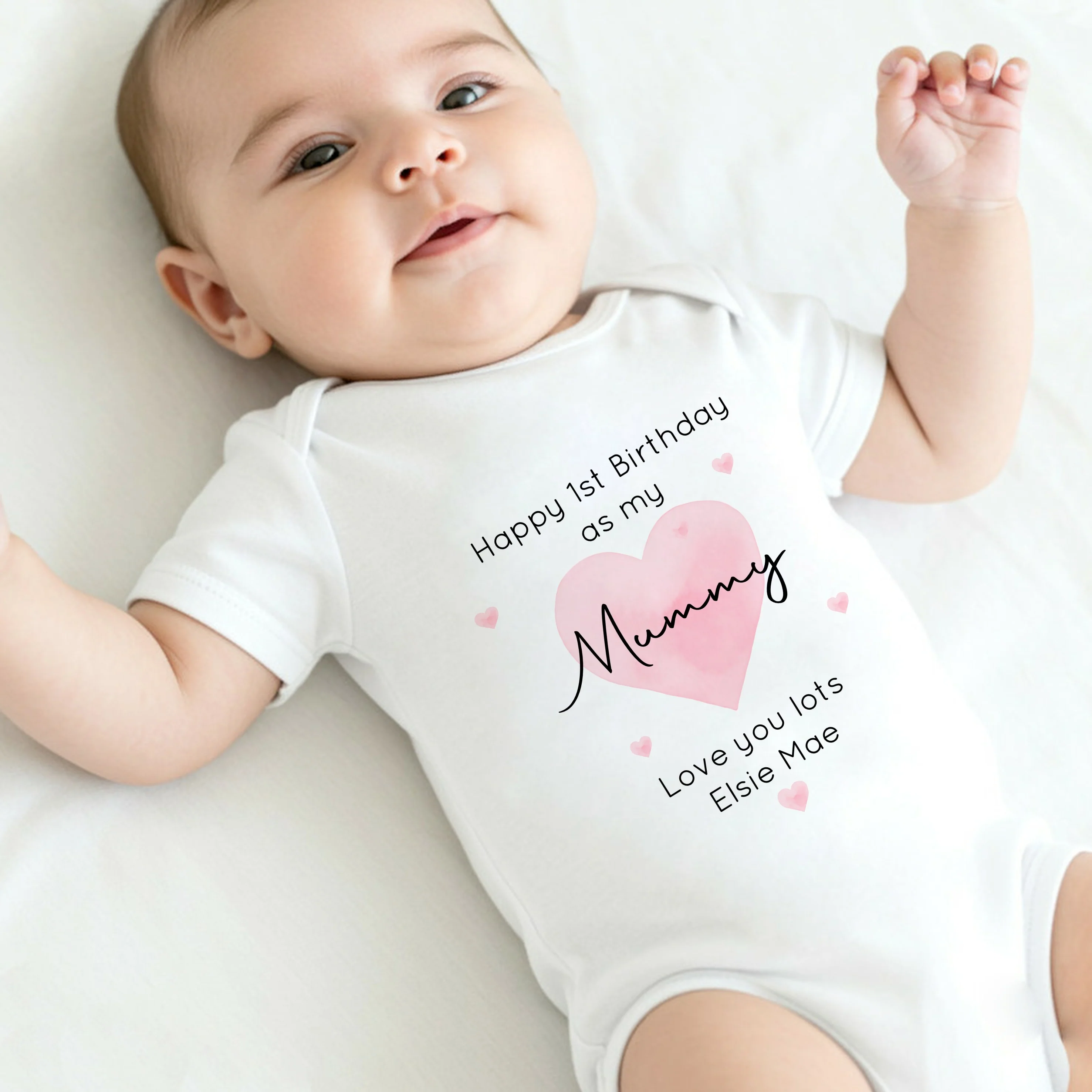 Personalised Pink Heart Happy 1st  Birthday As My Mummy Baby Grow or Vest - Image 6