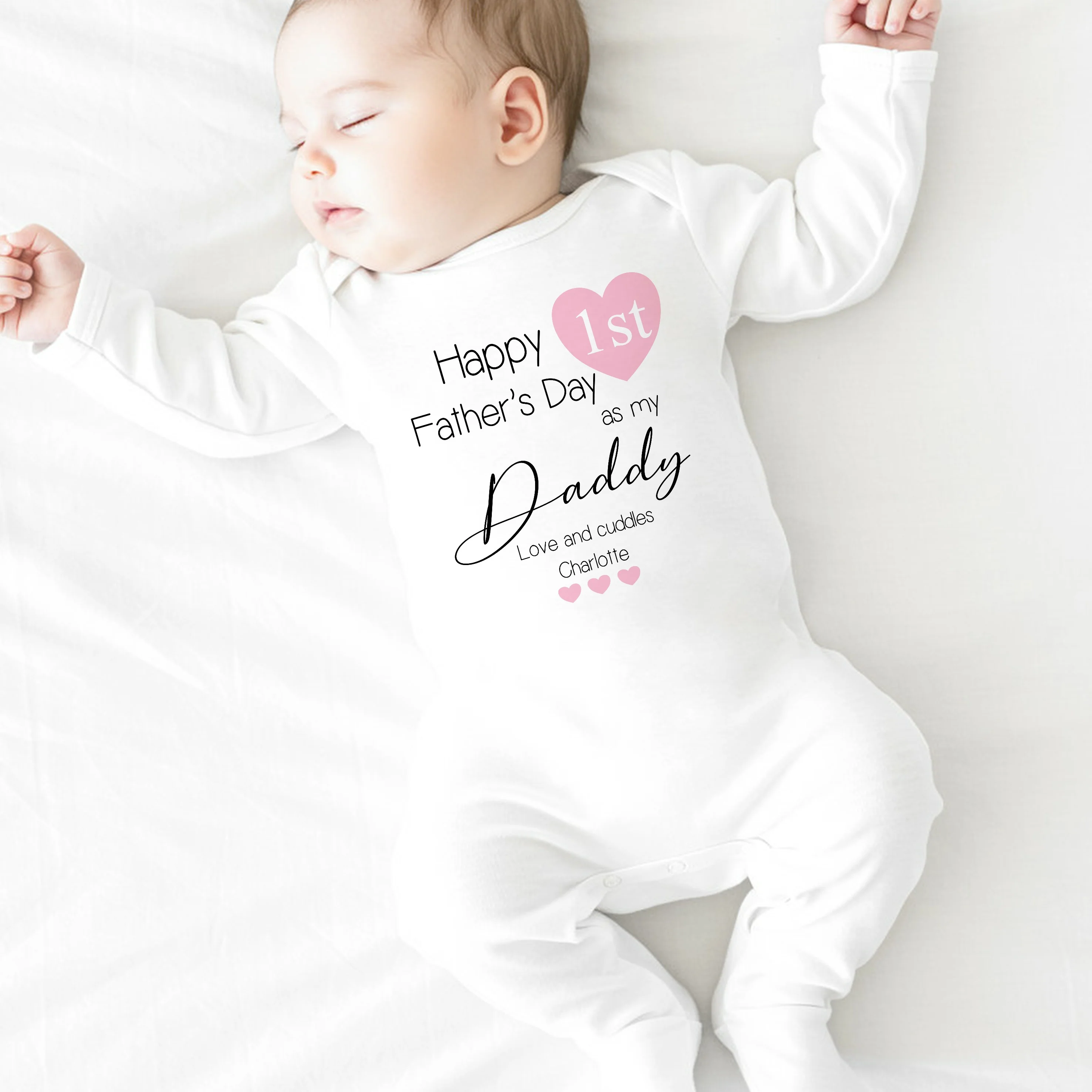 Personalised Pink Heart Happy 1st Father's Day Daddy Baby Grow or Vest - Image 3