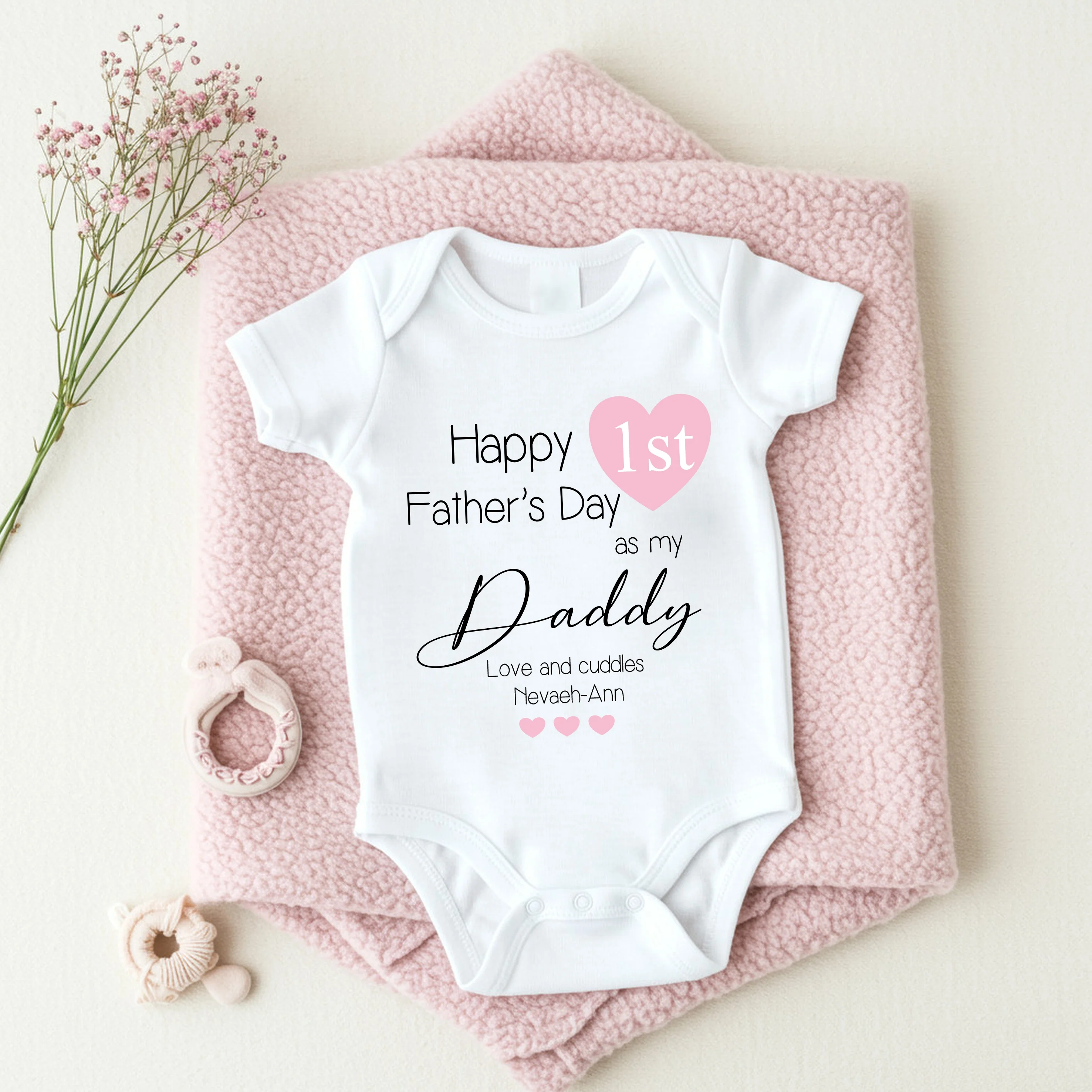 Personalised Pink Heart Happy 1st Father's Day Daddy Baby Grow or Vest - Image 4