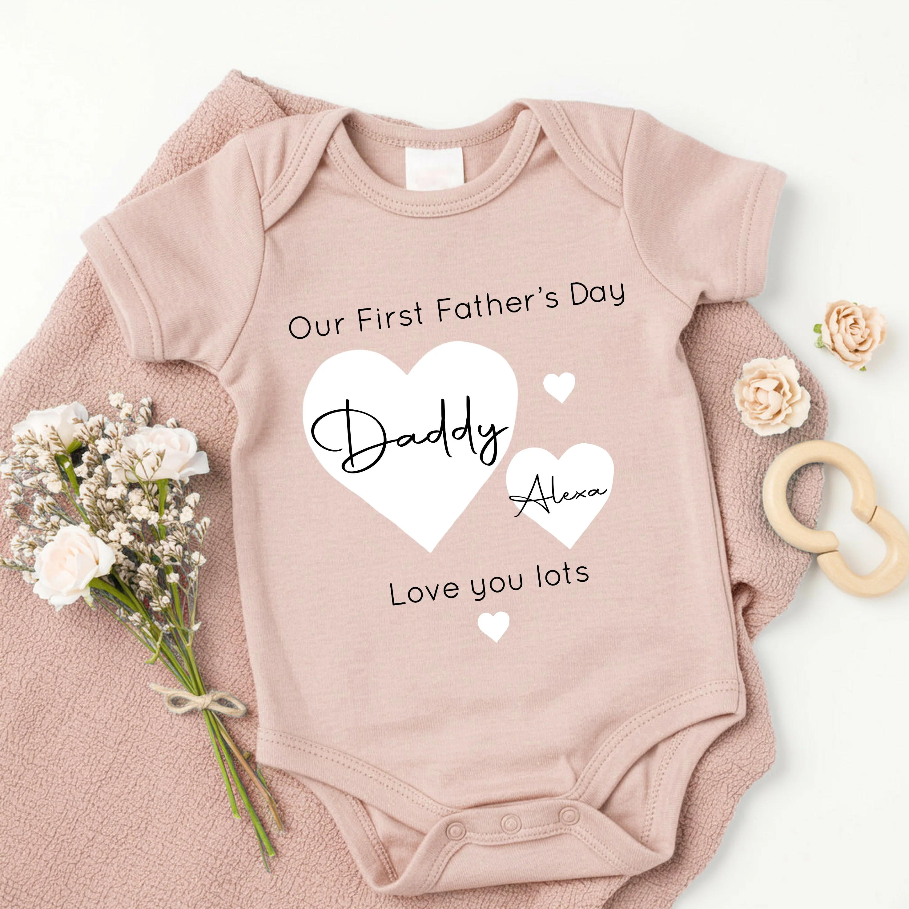 Personalised Pink Hearts Our First Father's Day Baby Grow or Vest