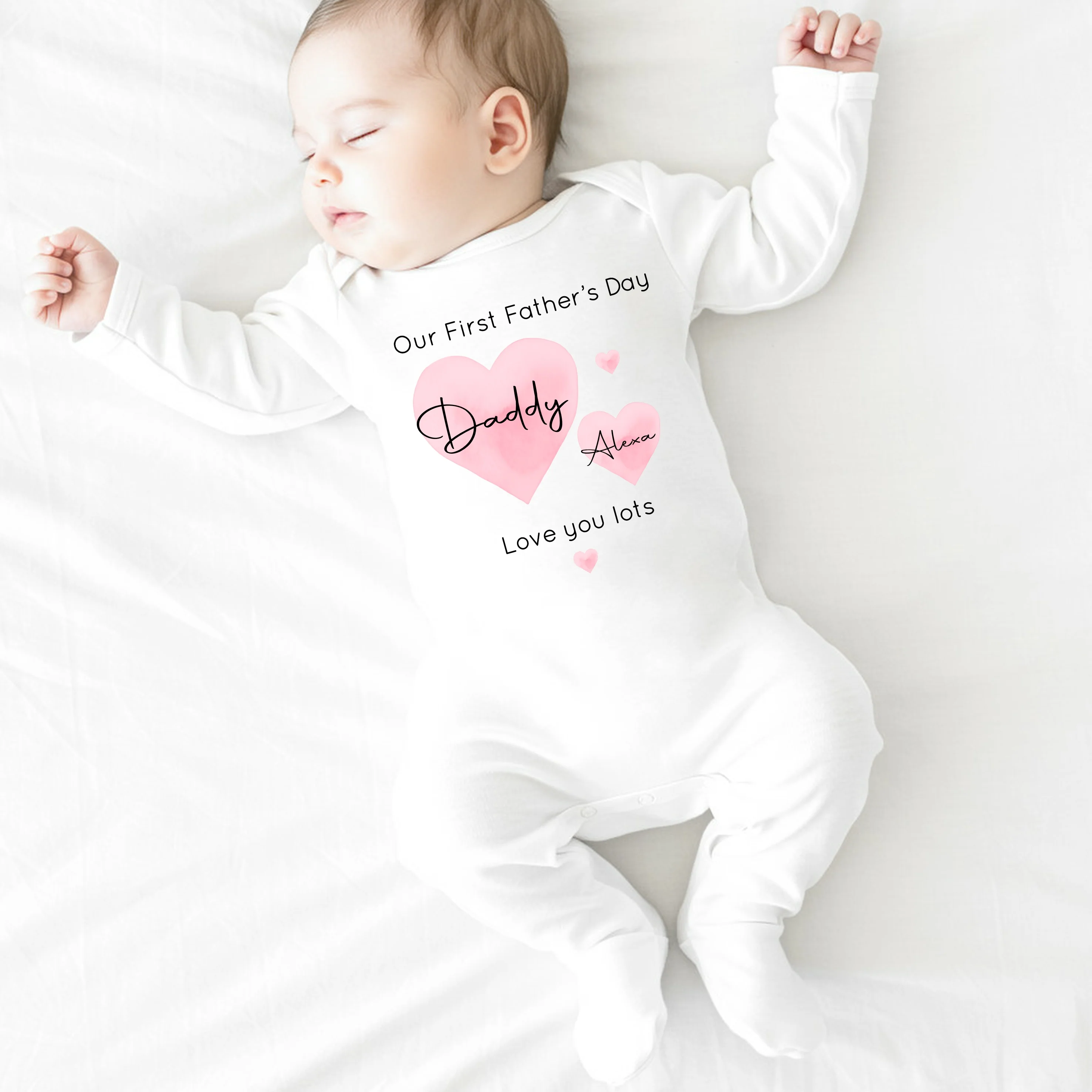 Personalised Pink Hearts Our First Father's Day Baby Grow or Vest - Image 2