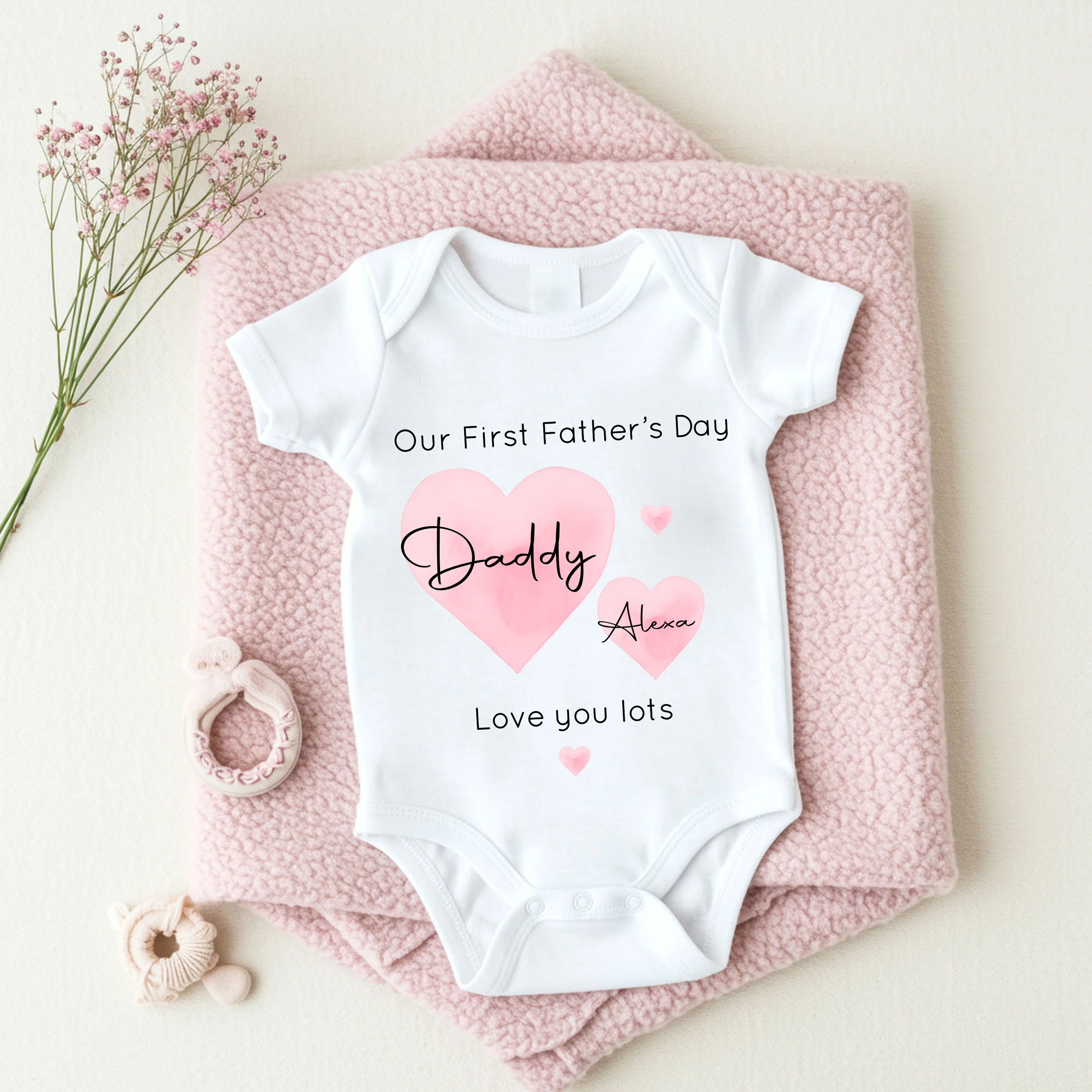 Personalised Pink Hearts Our First Father's Day Baby Grow or Vest - Image 6