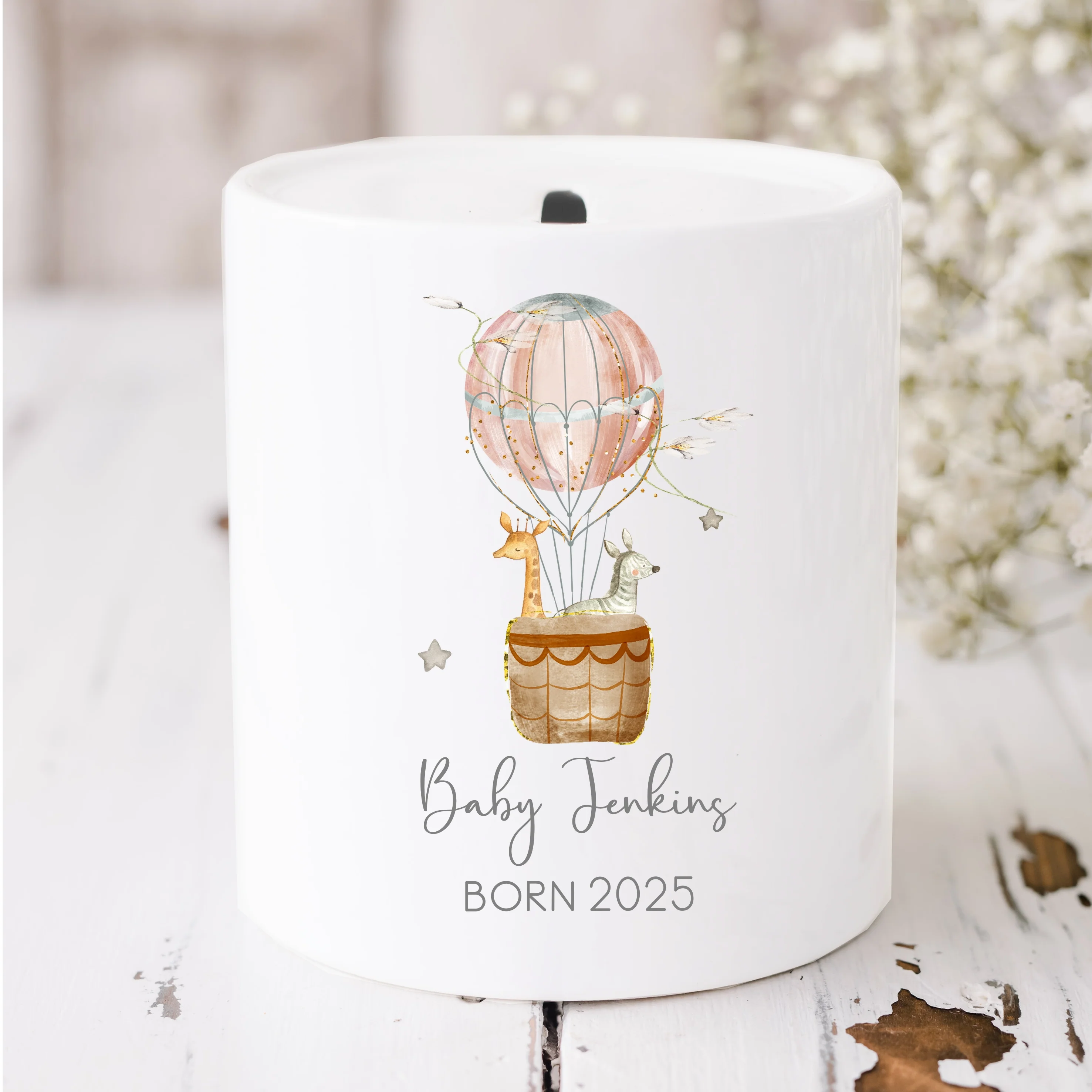 Personalised Pink Hot Air Balloon Ceramic Money Box
