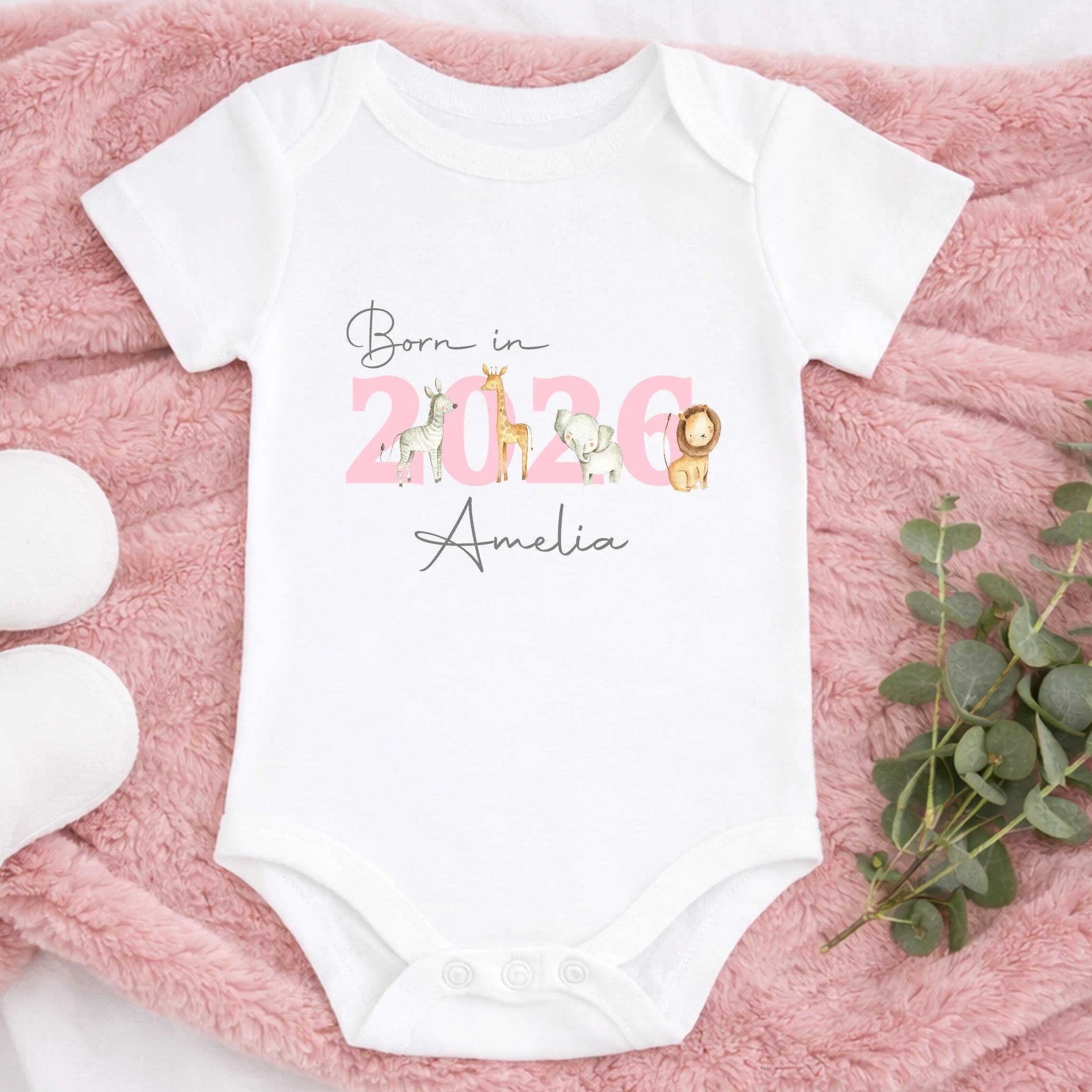 Personalised Pink Jungle Born in 2026 Baby Grow, Vest or Bib