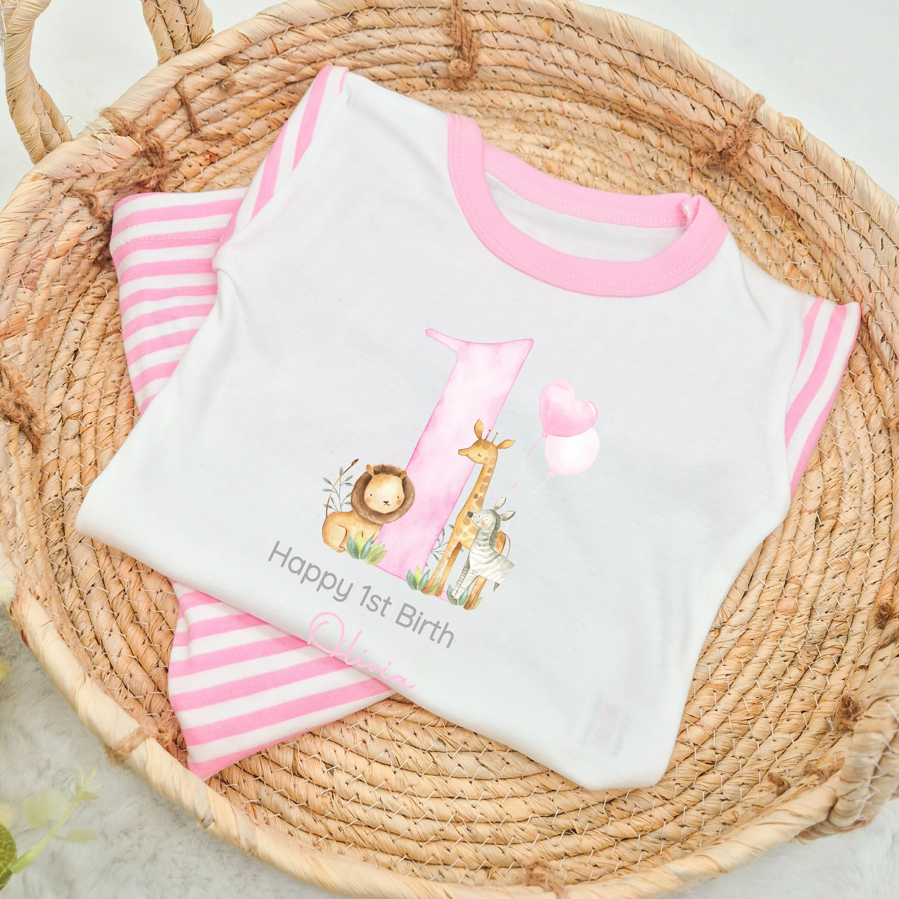 Personalised Pink Jungle Happy First Birthday Pyjamas - Image 4