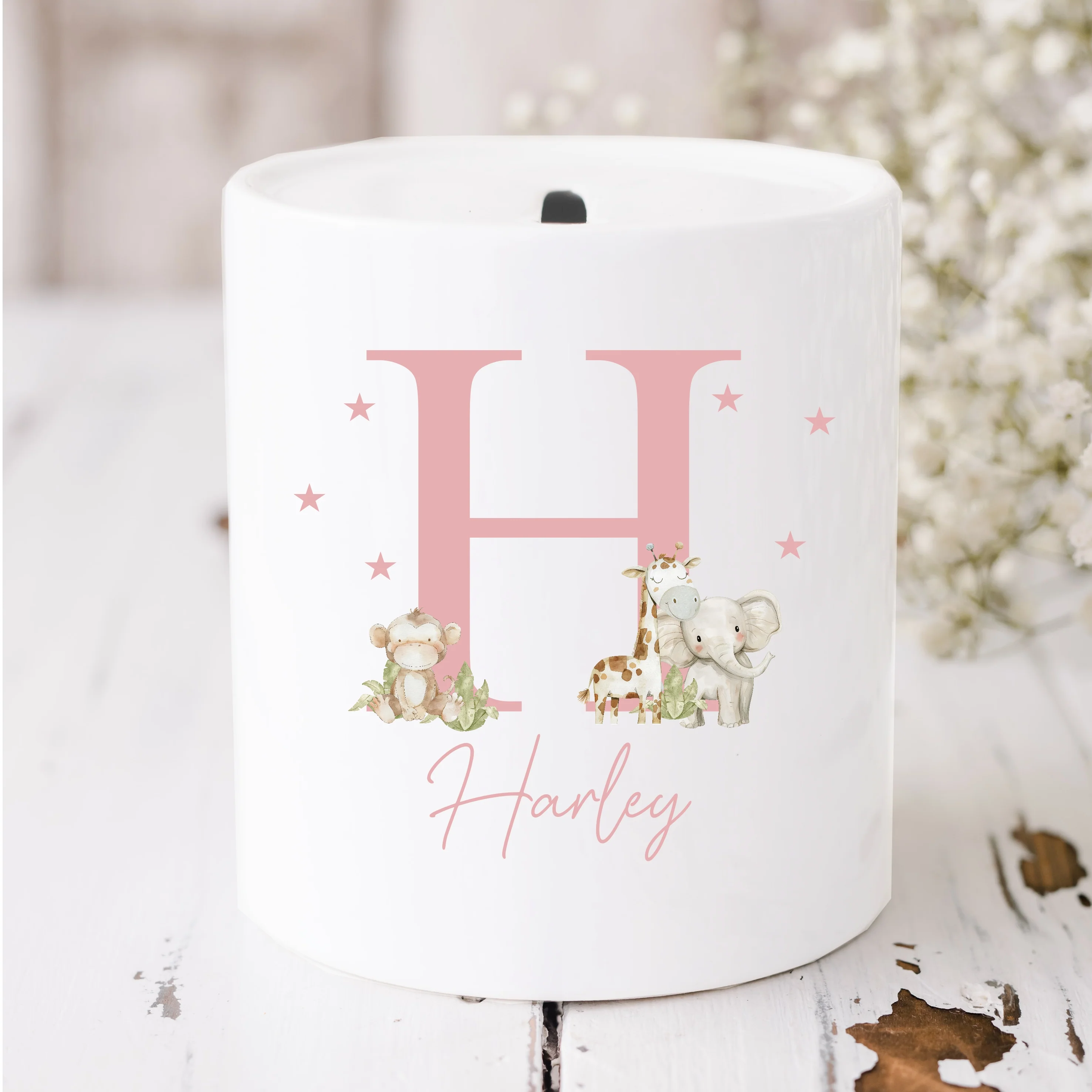 Personalised Pink Jungle Initial Ceramic Money Box