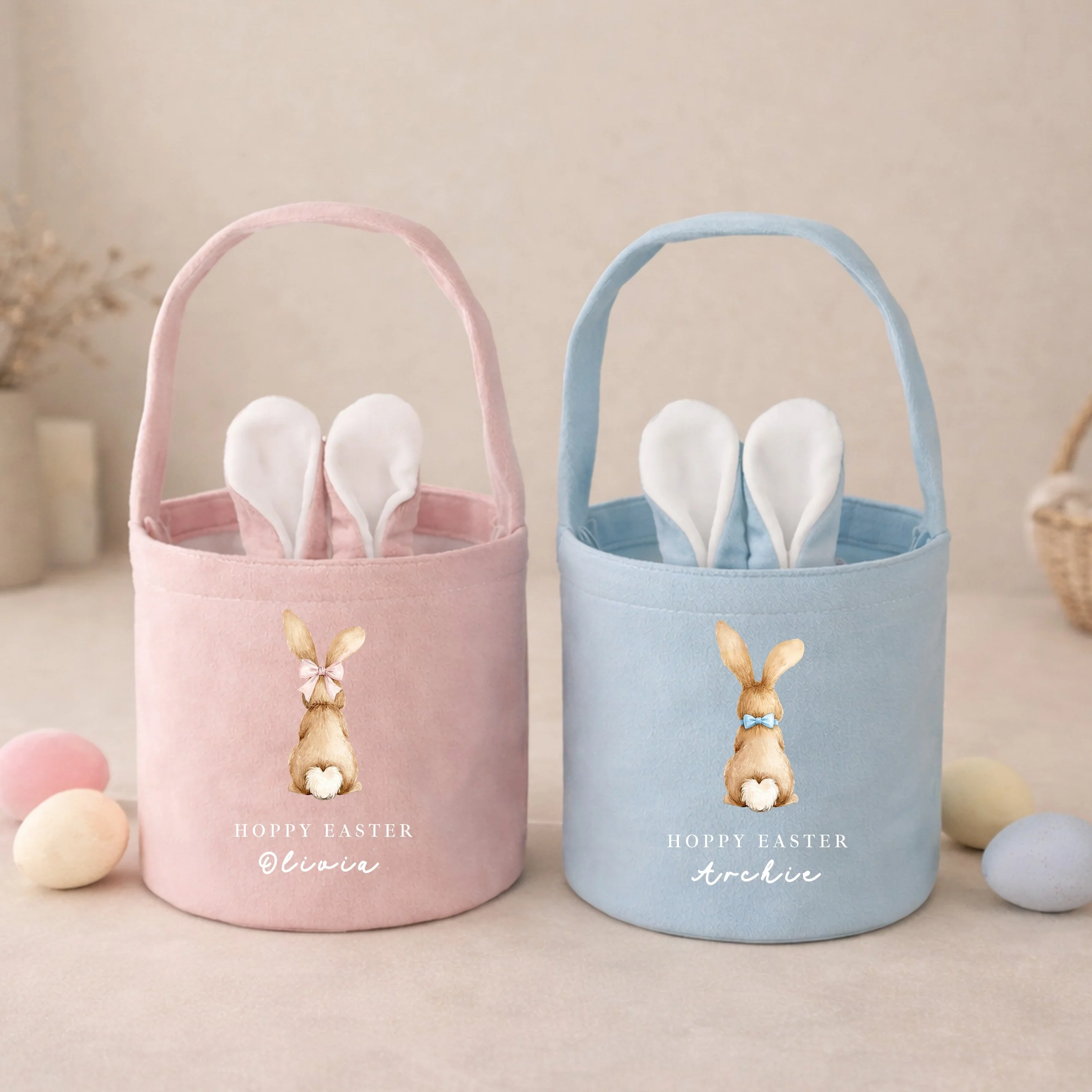 Personalised Pink or Blue Bunny Hoppy Easter Basket