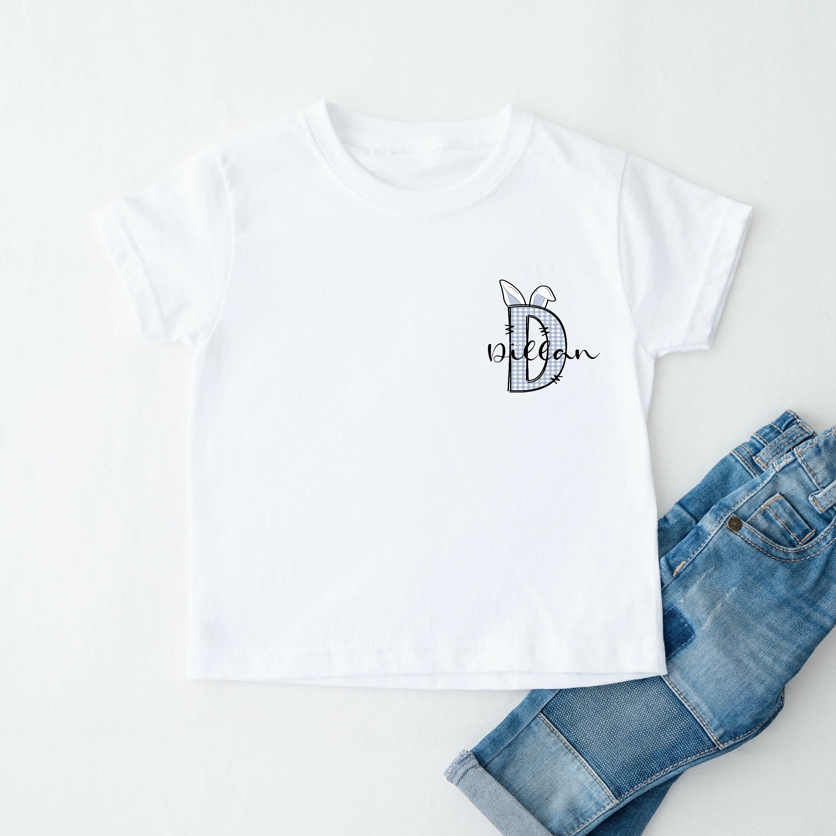 Personalised Pink or Blue Tartan Initial Easter T-shirt - Image 2