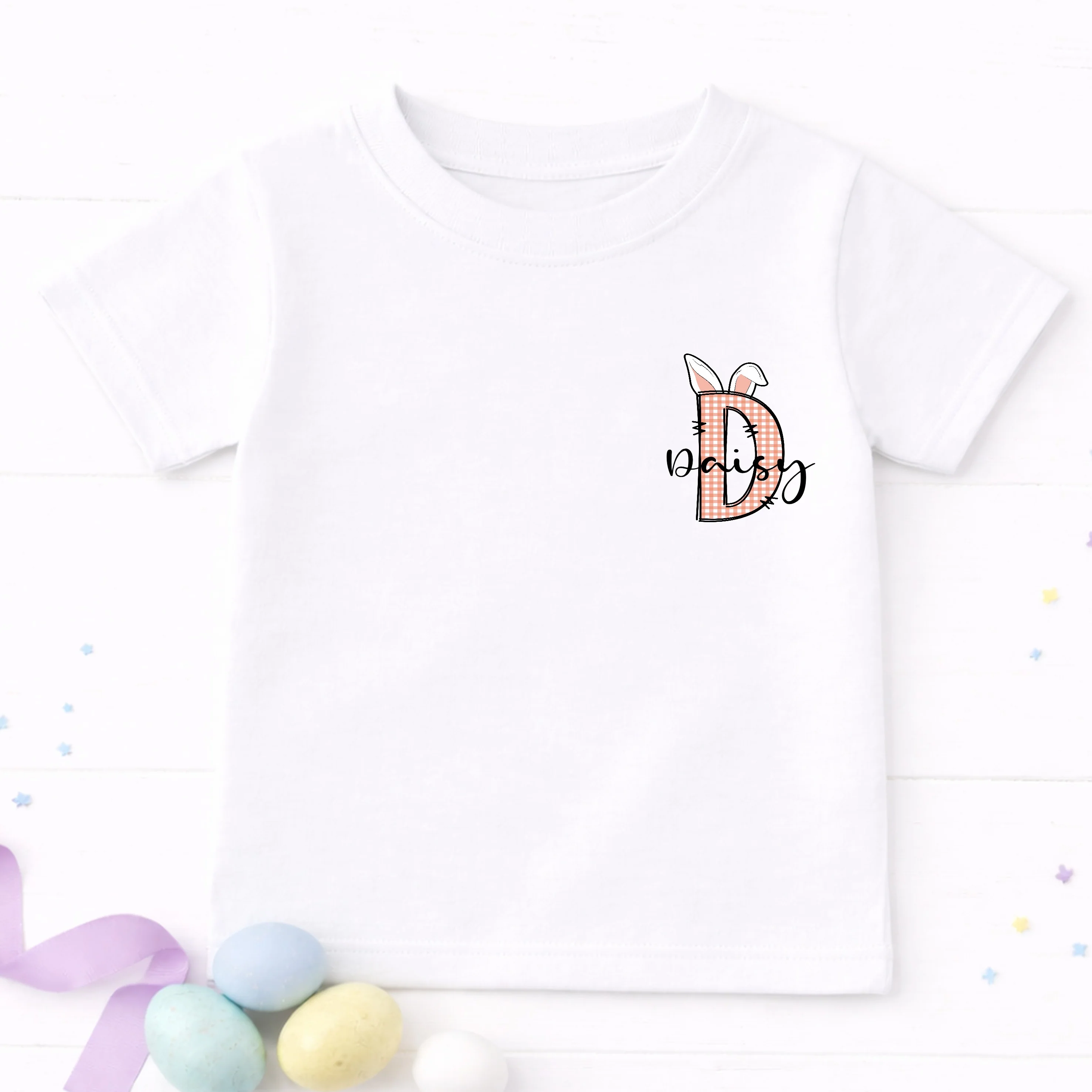 Personalised Pink or Blue Tartan Initial Easter T-shirt - Image 3
