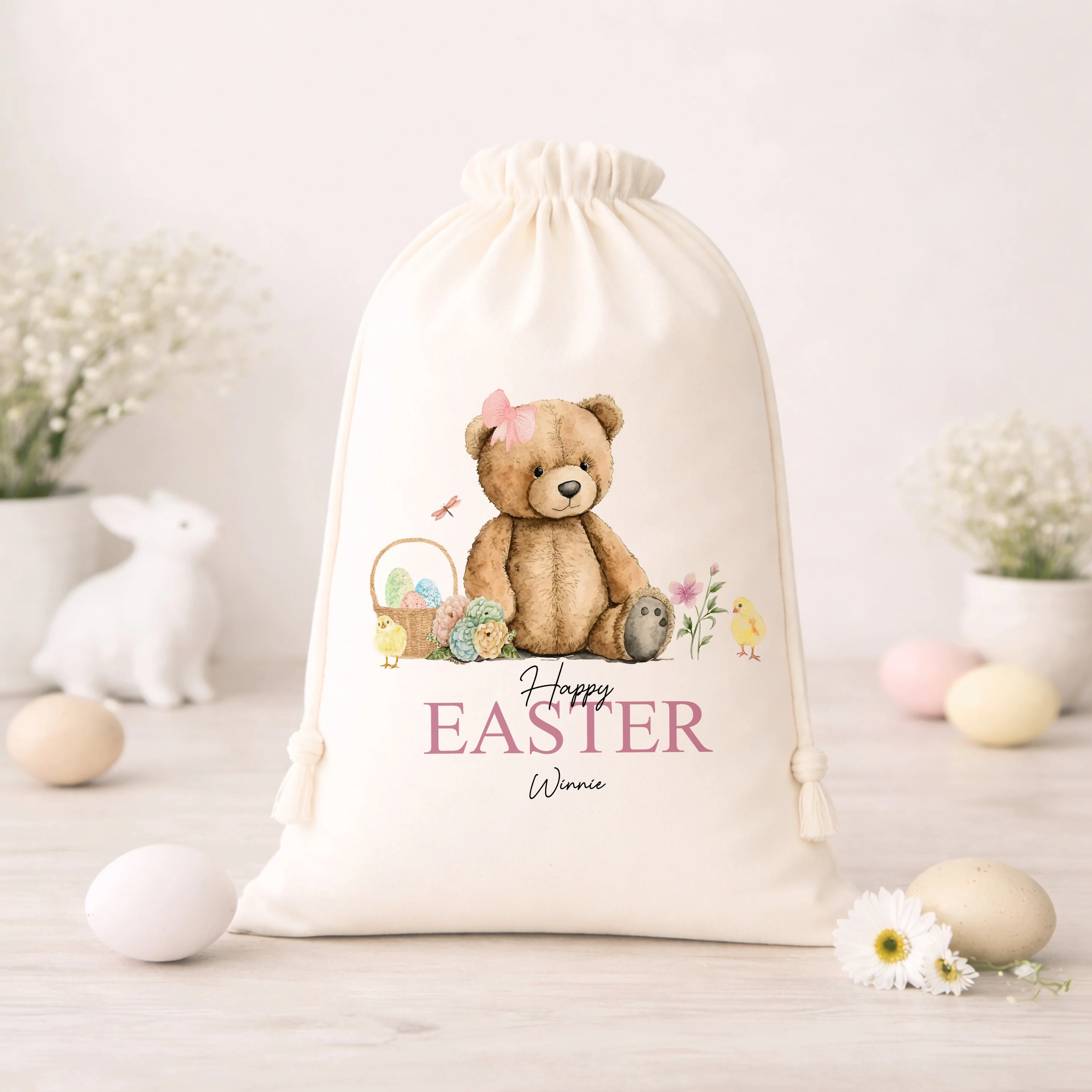Personalised Pink or Green Teddy Happy Easter Treat Bag - Image 3