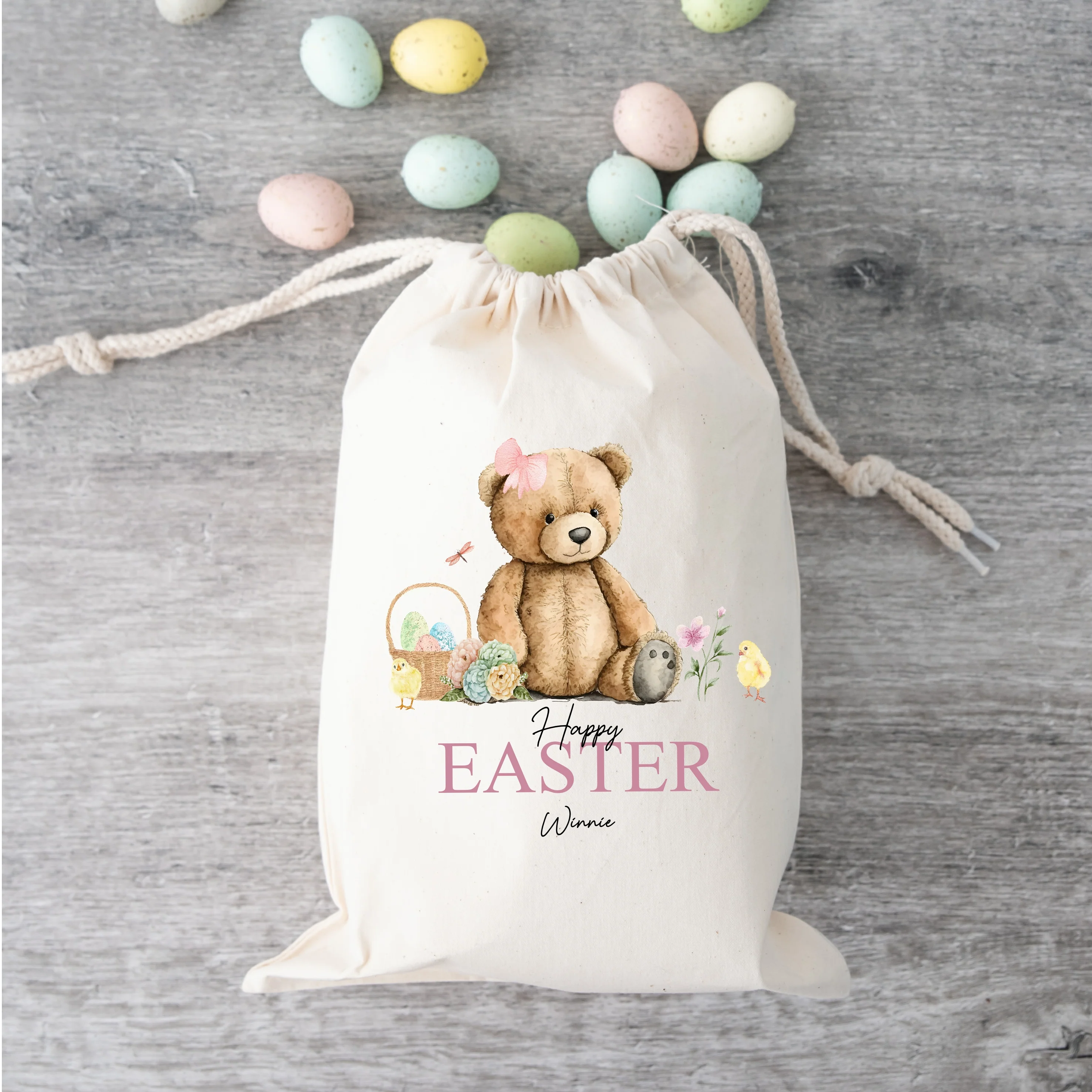Personalised Pink or Green Teddy Happy Easter Treat Bag - Image 4