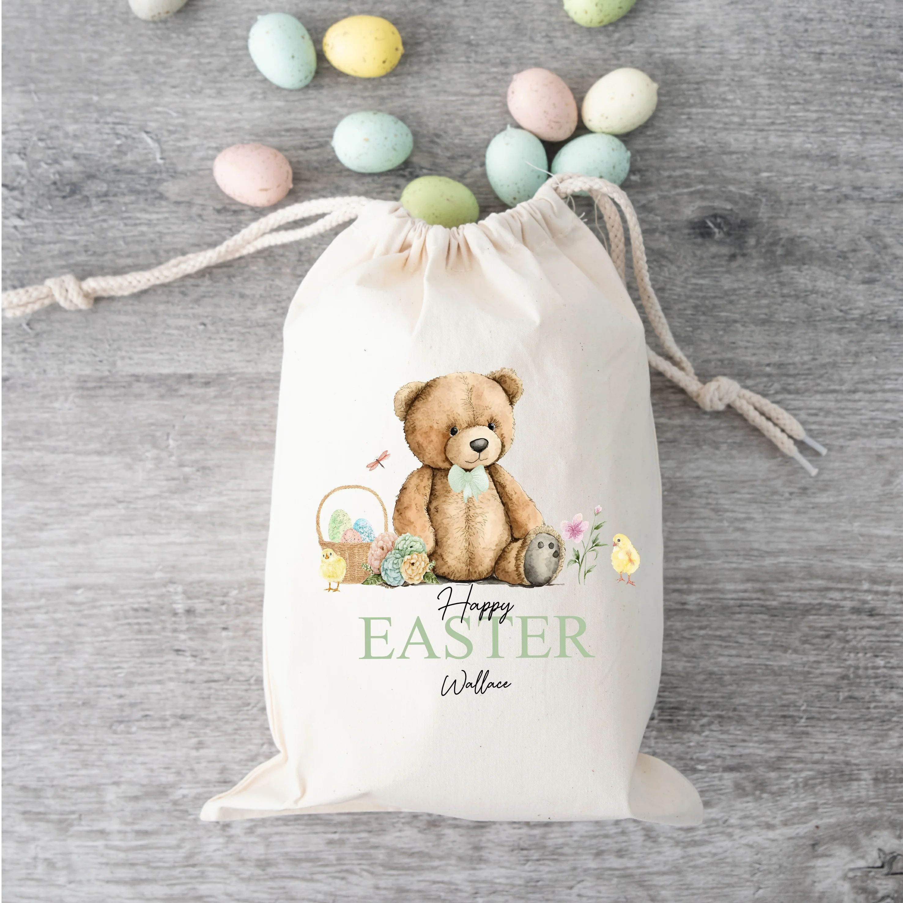 Personalised Pink or Green Teddy Happy Easter Treat Bag - Image 5