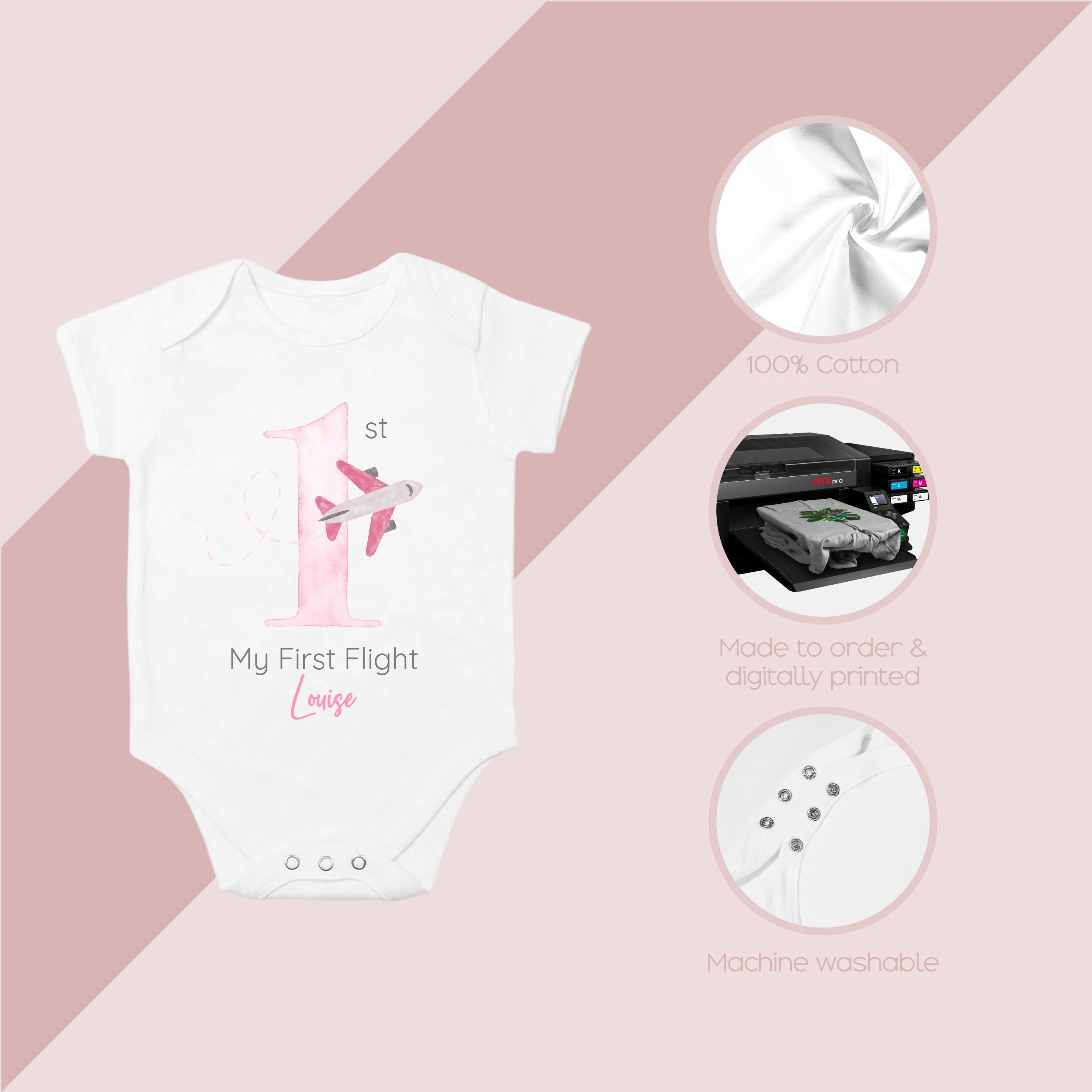 Personalised Pink Planes My 1st Flight Baby Vest/T-shirt - Image 6