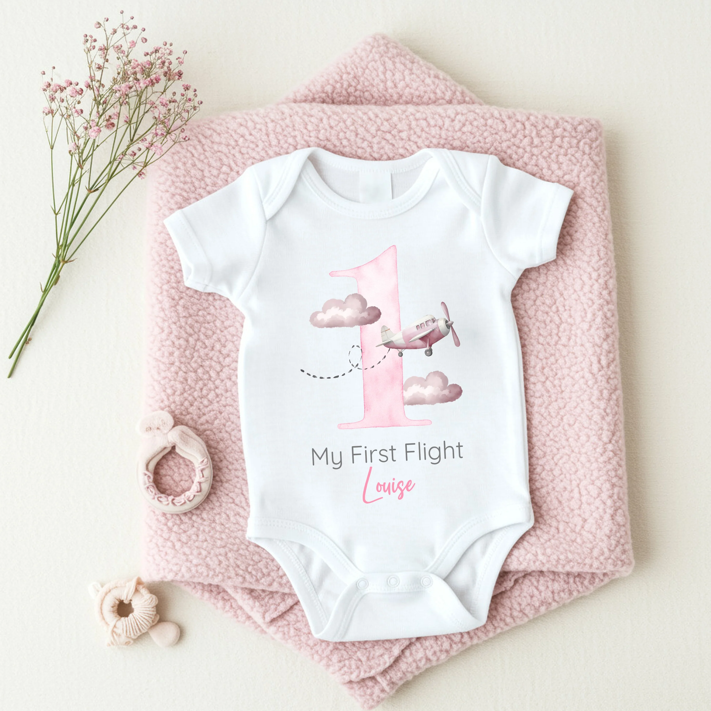 Personalised Pink Planes My First Flight Baby Vest/T-shirt - Image 4