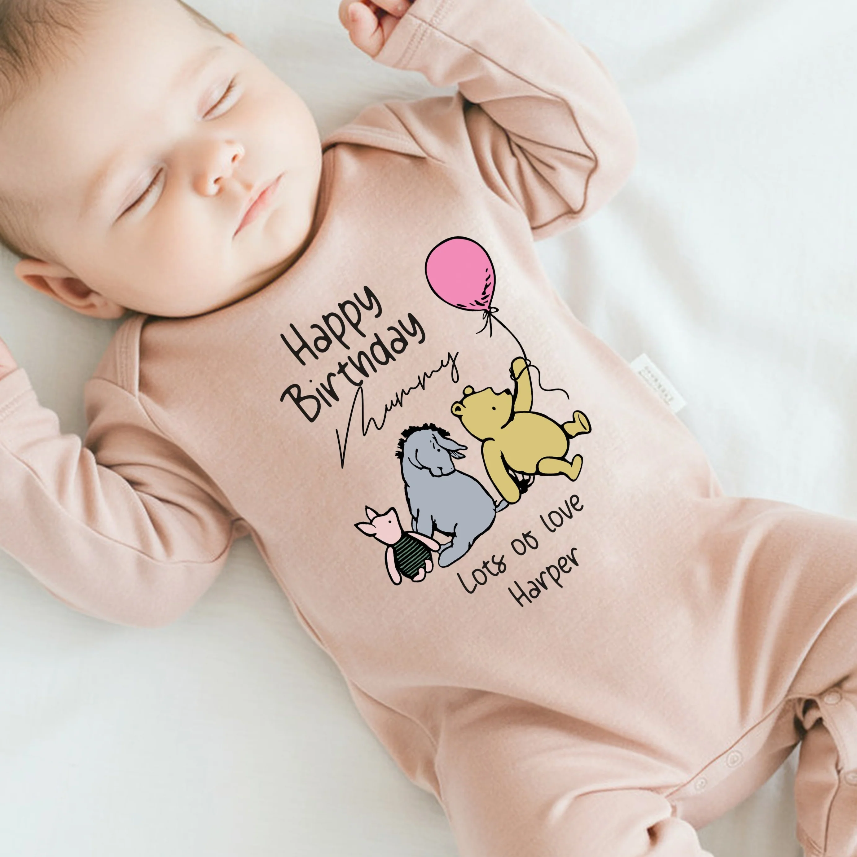 Personalised Pink Pooh Bear Happy Birthday Mummy or Daddy Baby Grow or Vest - Image 2
