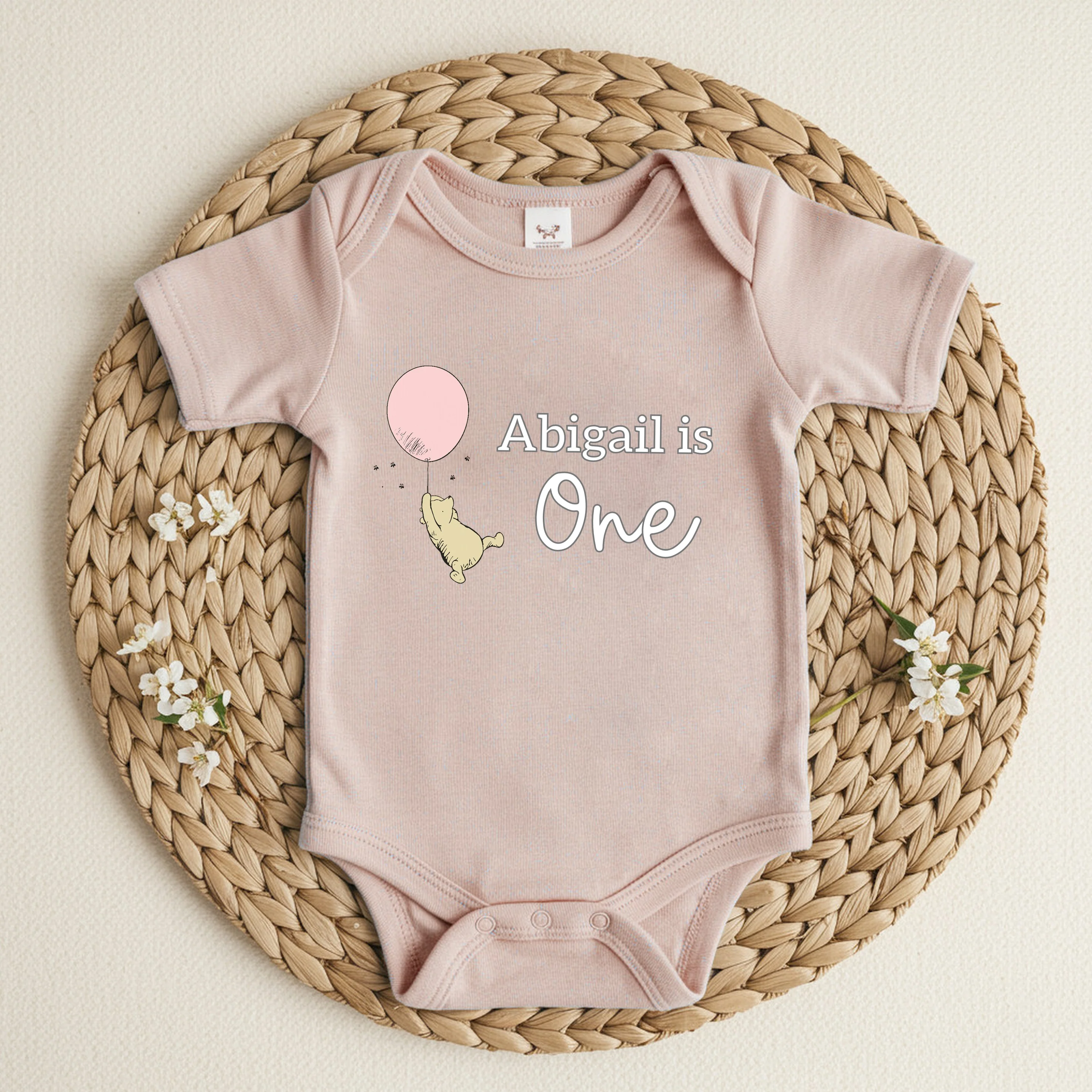 Personalised Pink Pooh Bear I am One First Birthday Romper/Vest - Image 2