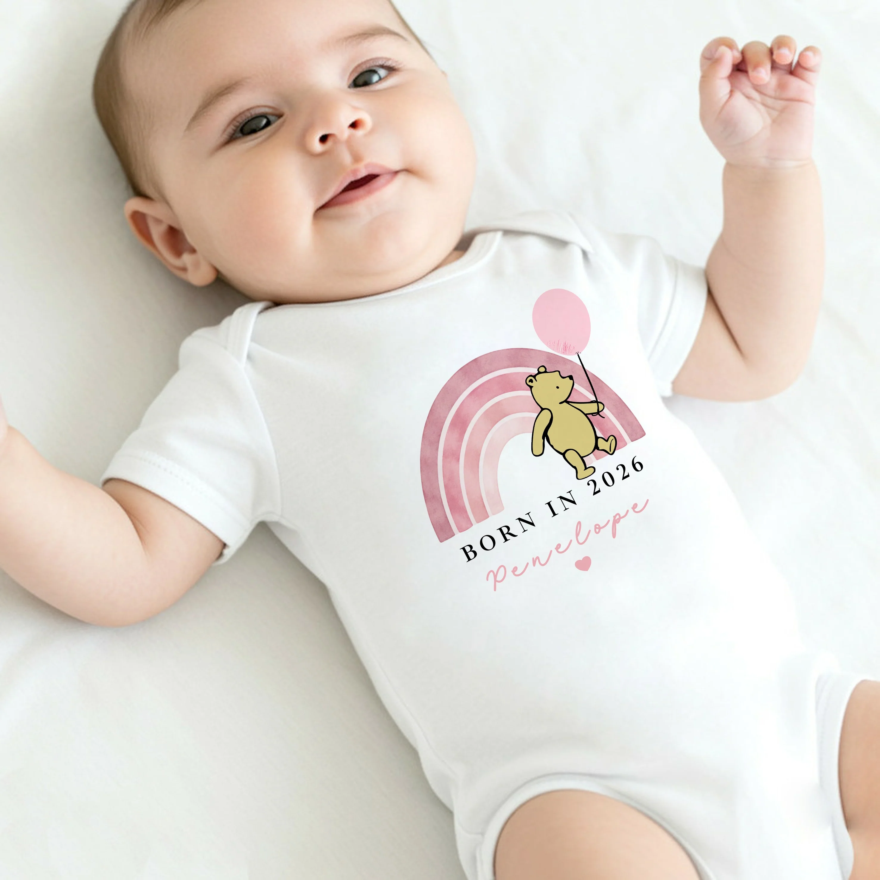 Personalised Pink Pooh Born in 2026 Baby Grow, Vest or Bib - Image 2