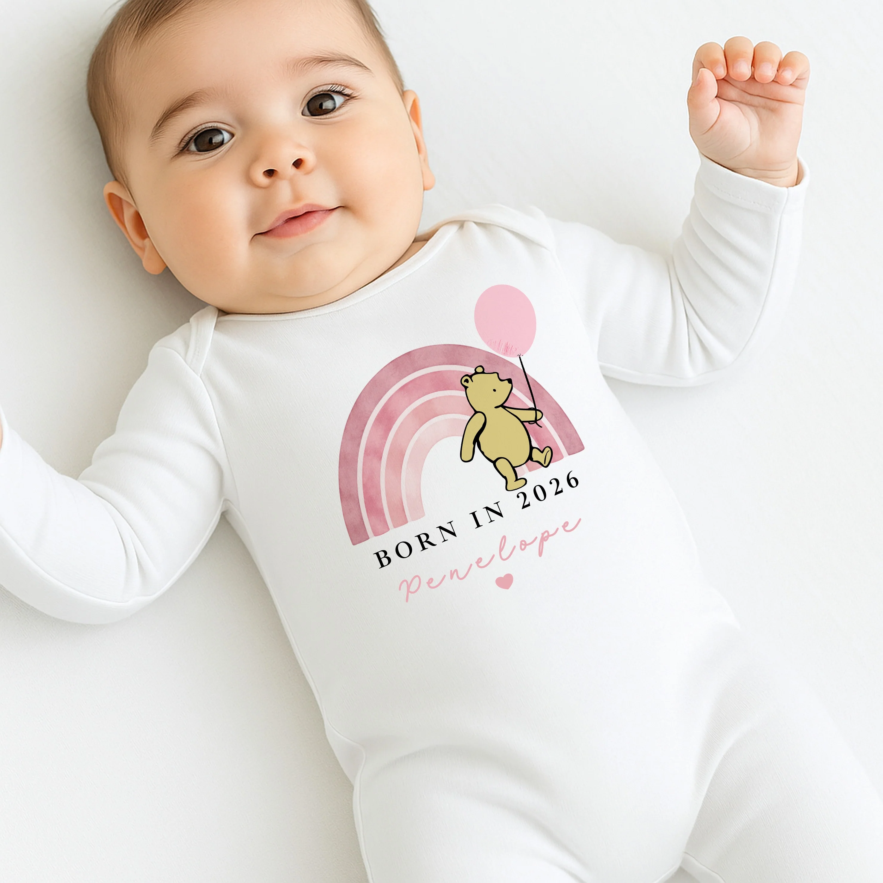 Personalised Pink Pooh Born in 2026 Baby Grow, Vest or Bib - Image 3