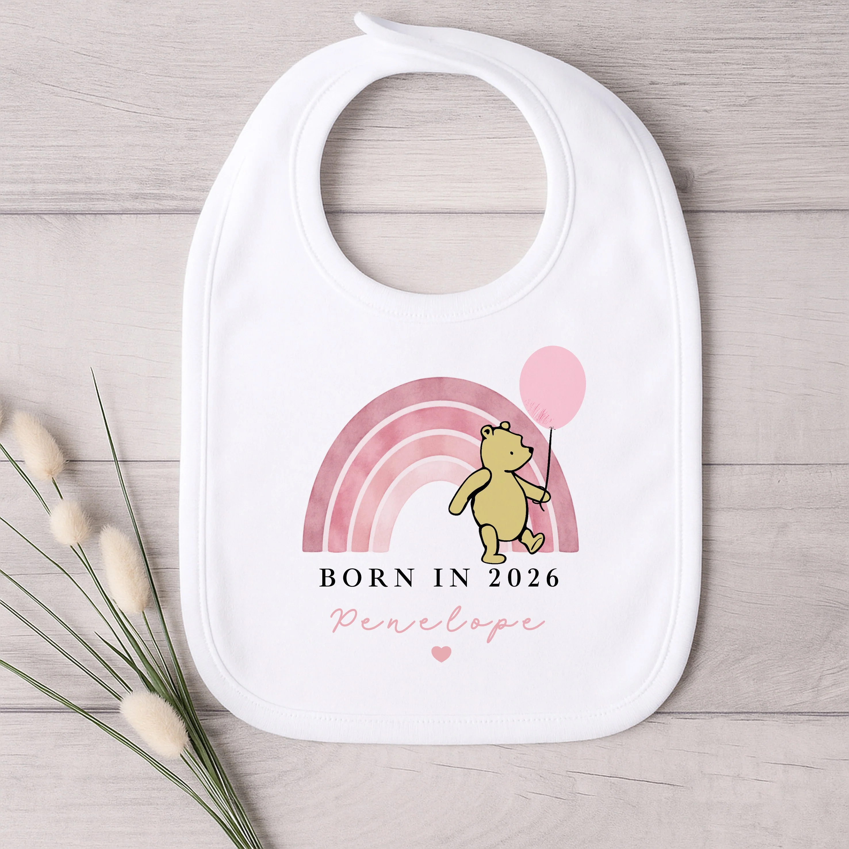 Personalised Pink Pooh Born in 2026 Baby Grow, Vest or Bib - Image 4