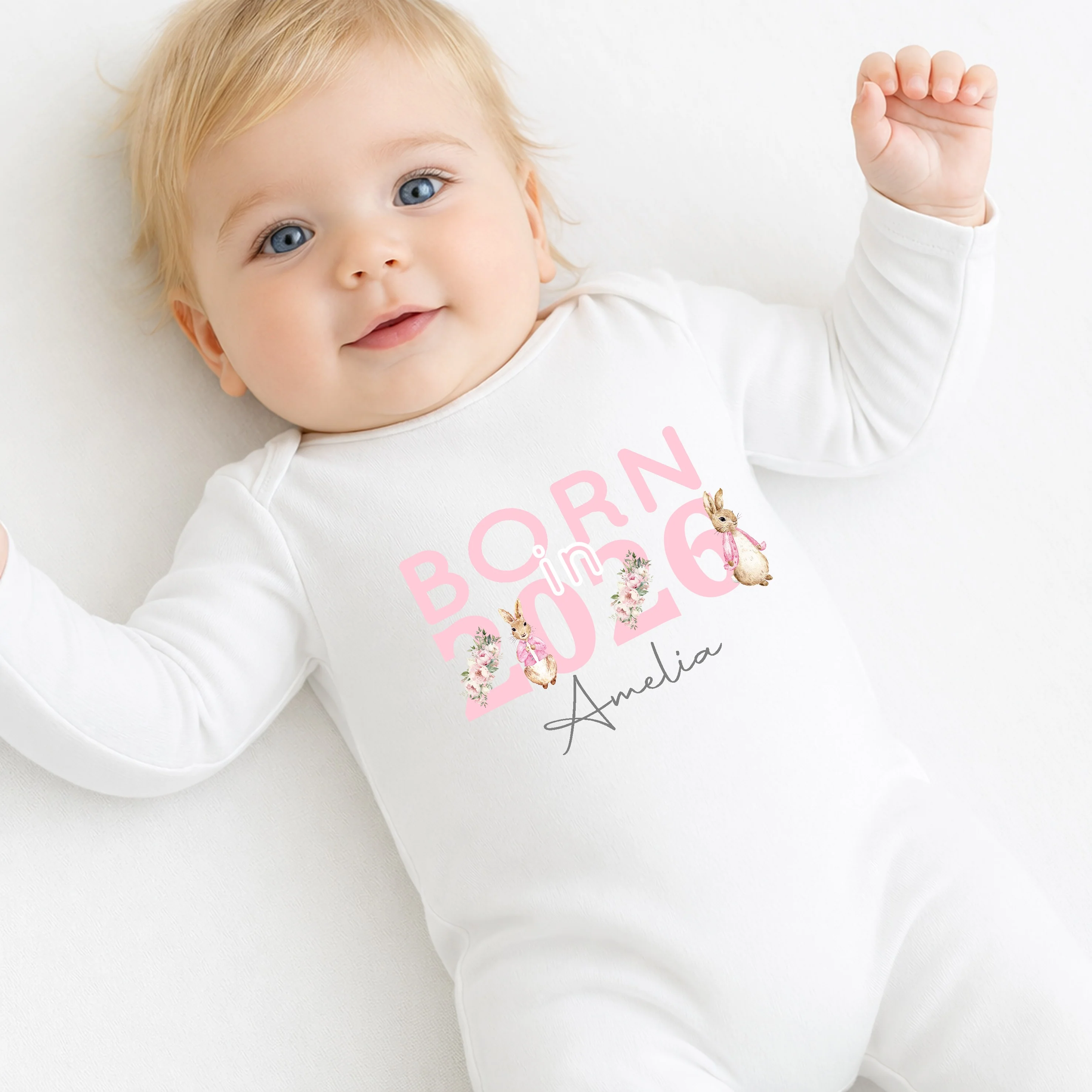 Personalised Pink Rabbit Born in 2025 Babygrow/Vest - Image 2