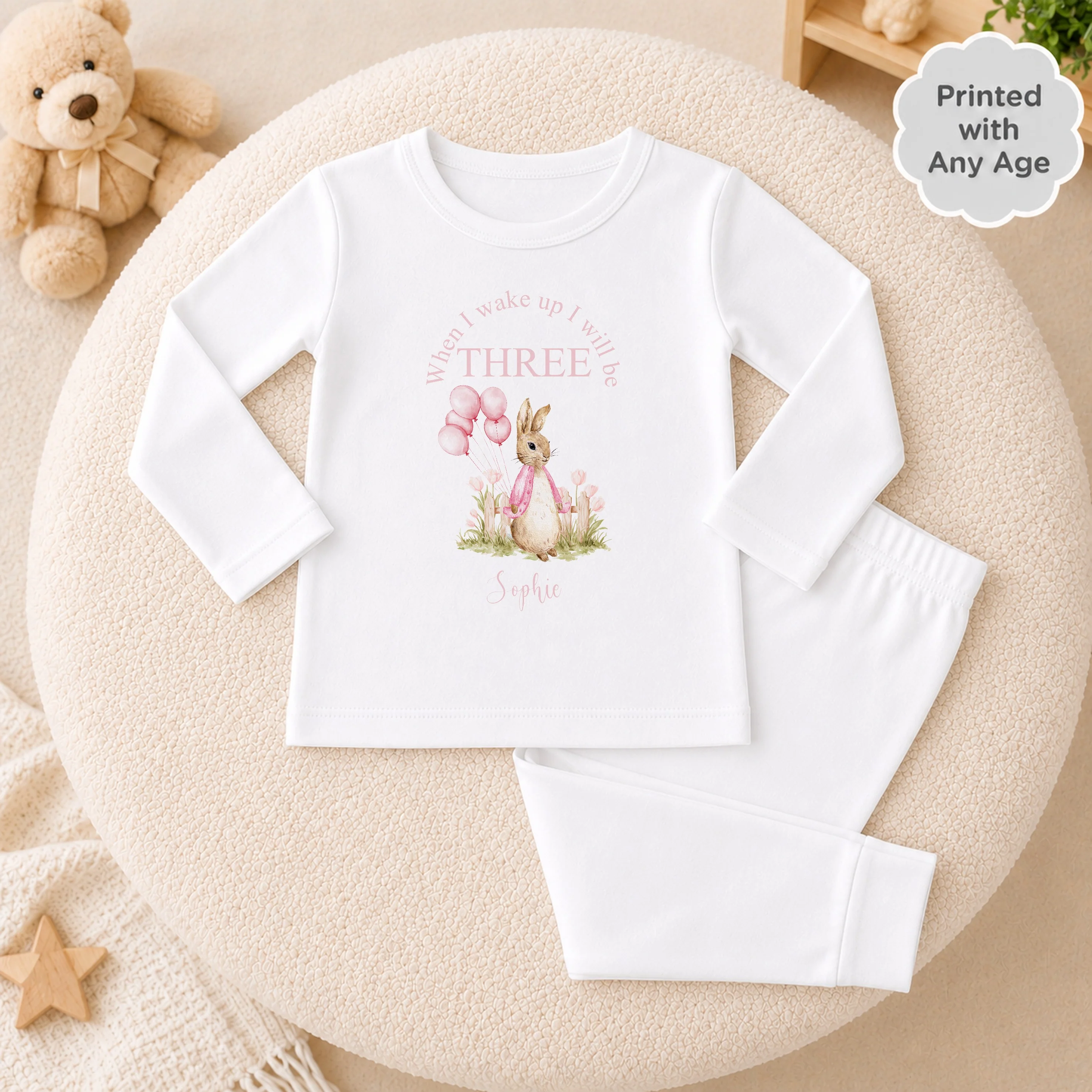 Personalised Pink Rabbit Garden Any Age Birthday Pyjamas - Image 2