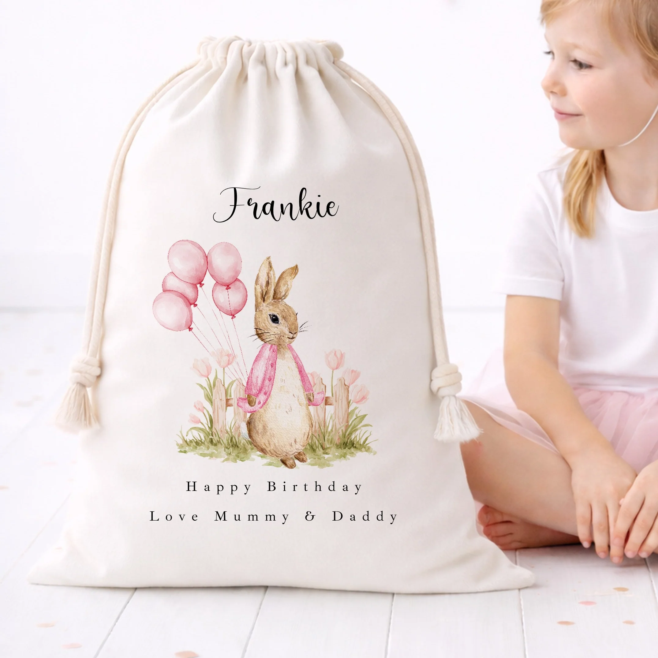 Personalised Pink Rabbit Garden Birthday Gift Sack - Image 3