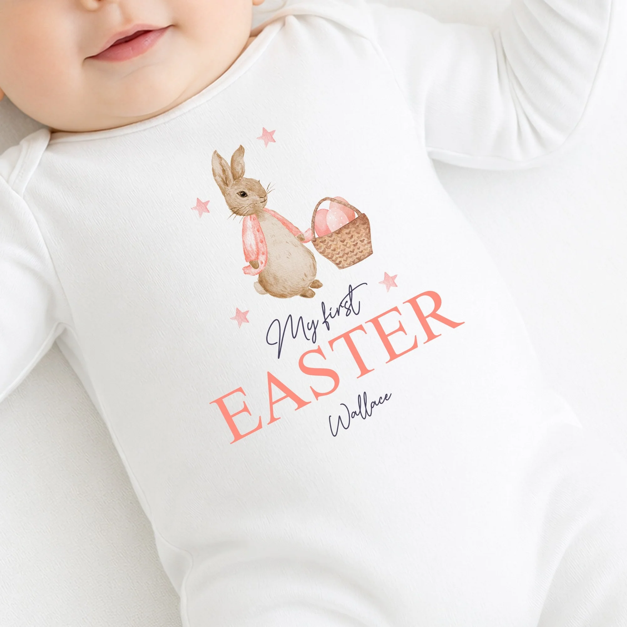 Personalised Pink Rabbit My First Easter White Baby Grow, Vest or Bib