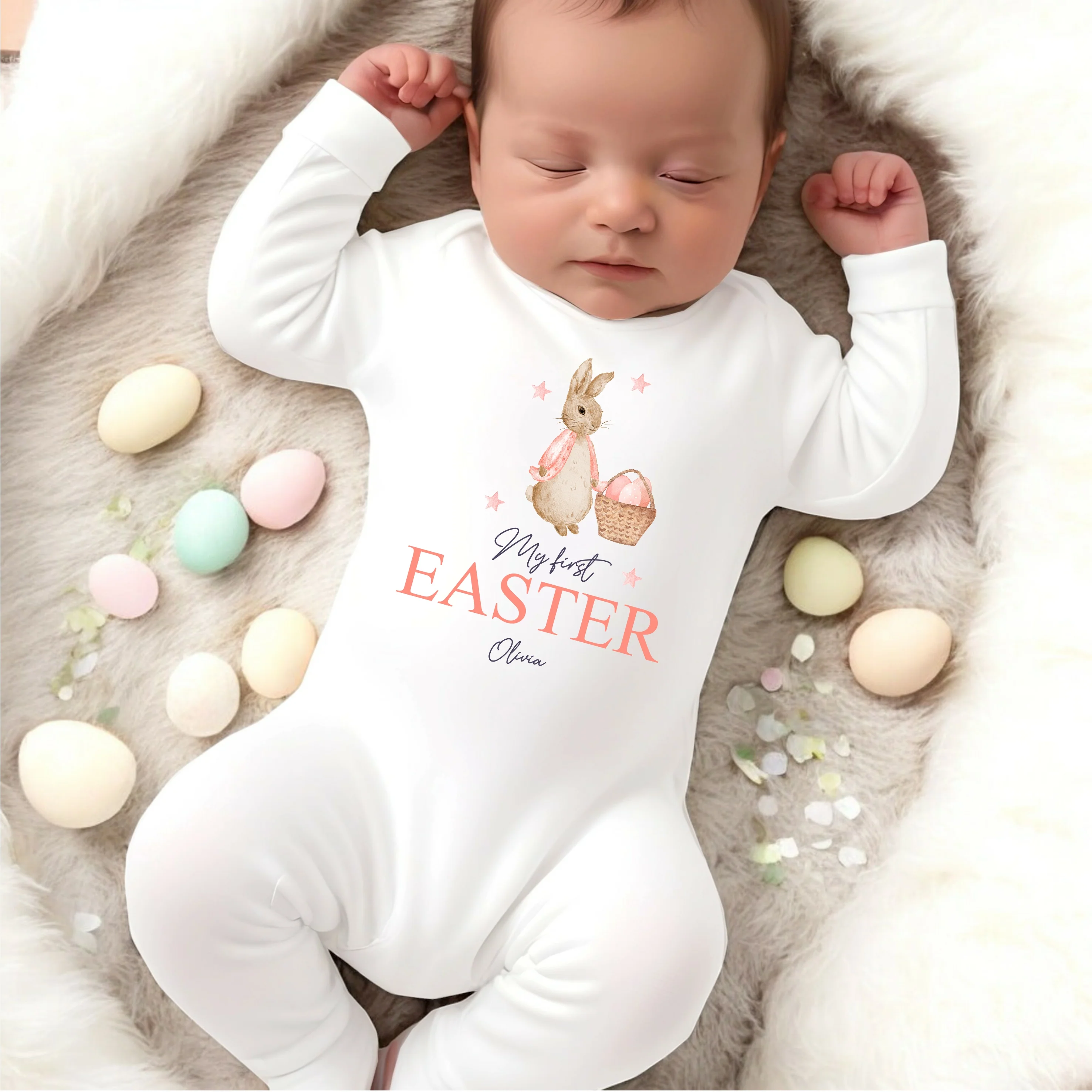 Personalised Pink Rabbit My First Easter White Baby Grow, Vest or Bib - Image 2