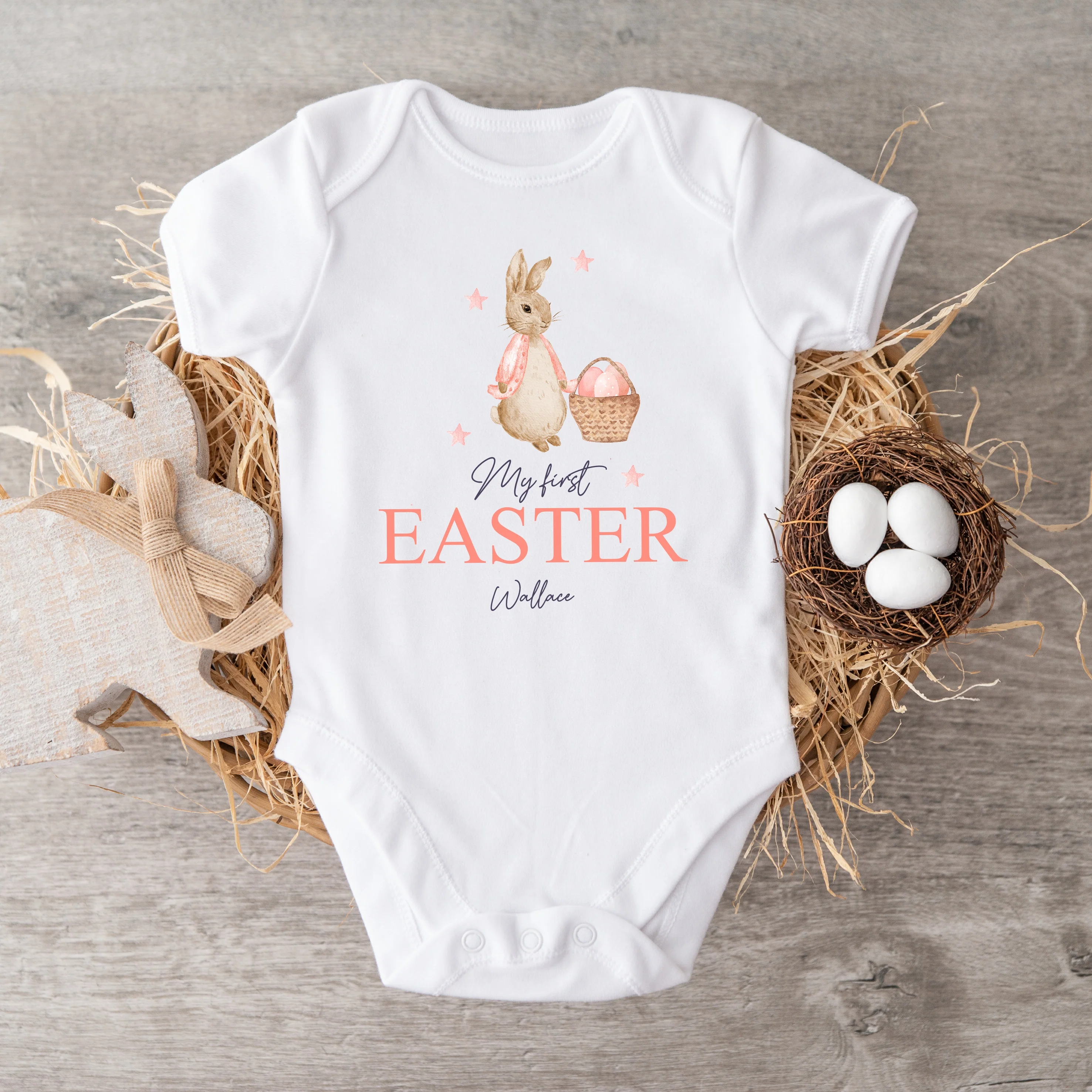 Personalised Pink Rabbit My First Easter White Baby Grow, Vest or Bib - Image 3