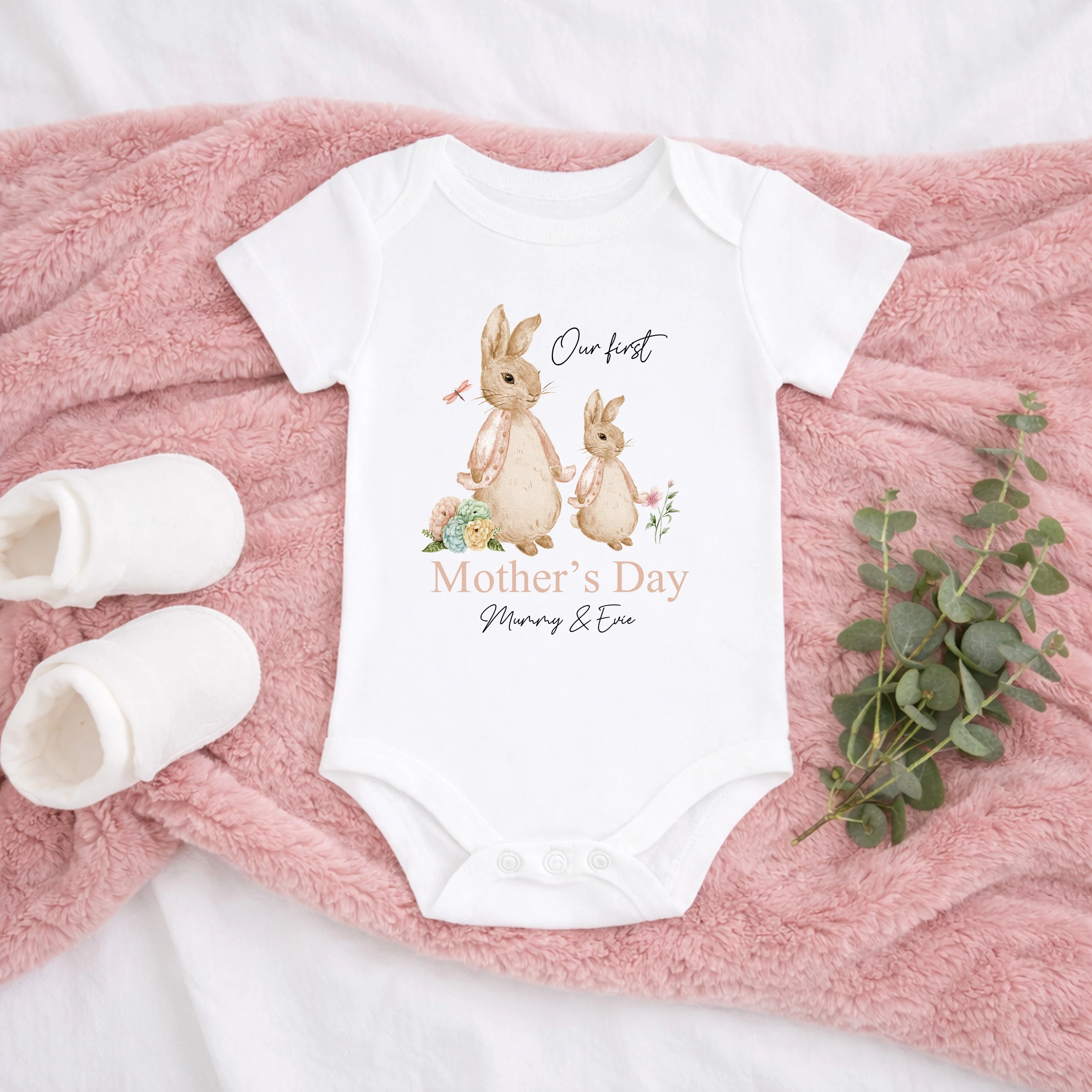 Personalised Pink Rabbit Our First Mother's Day Baby Grow or Vest - Image 3