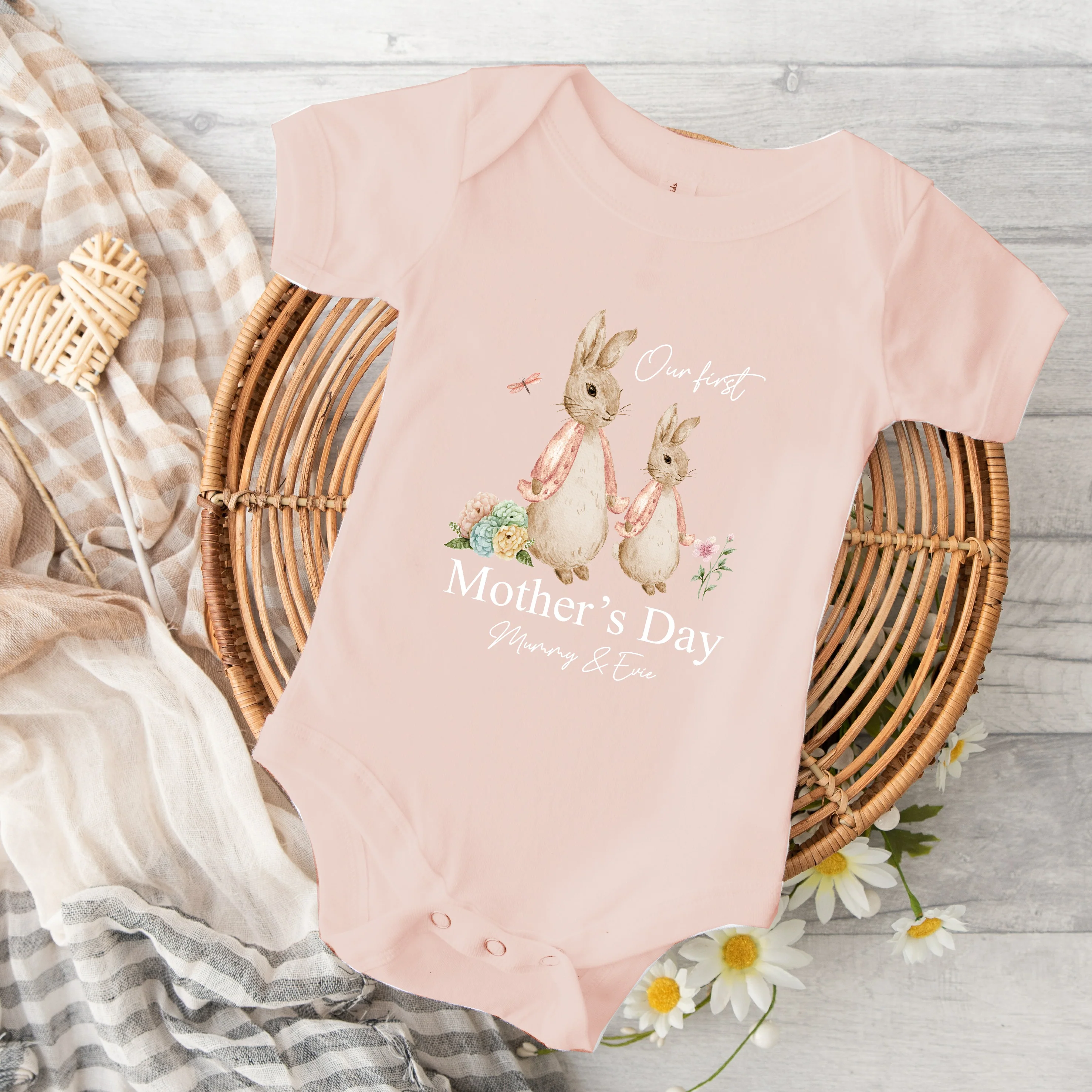 Personalised Pink Rabbit Our First Mother's Day Baby Grow or Vest - Image 5