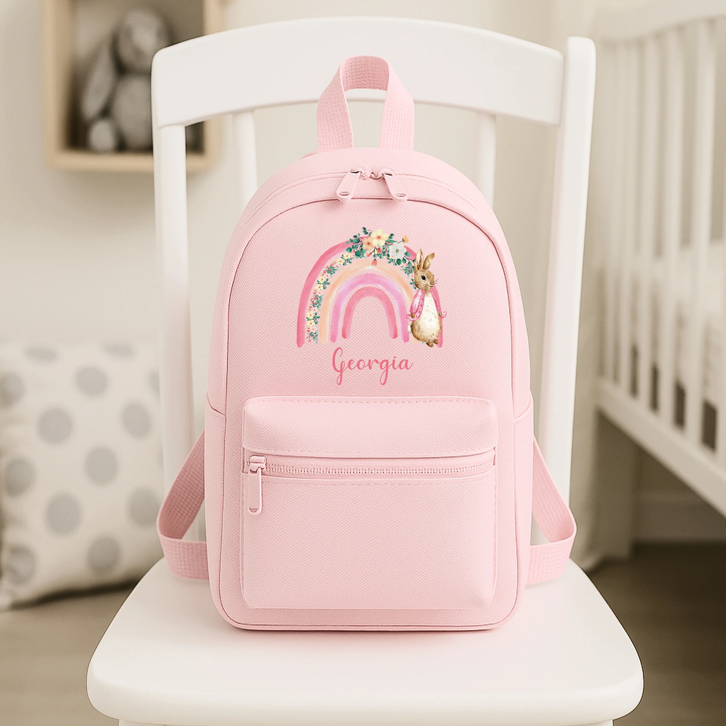 Personalised Pink Rabbit Rainbow Backpack - Image 2