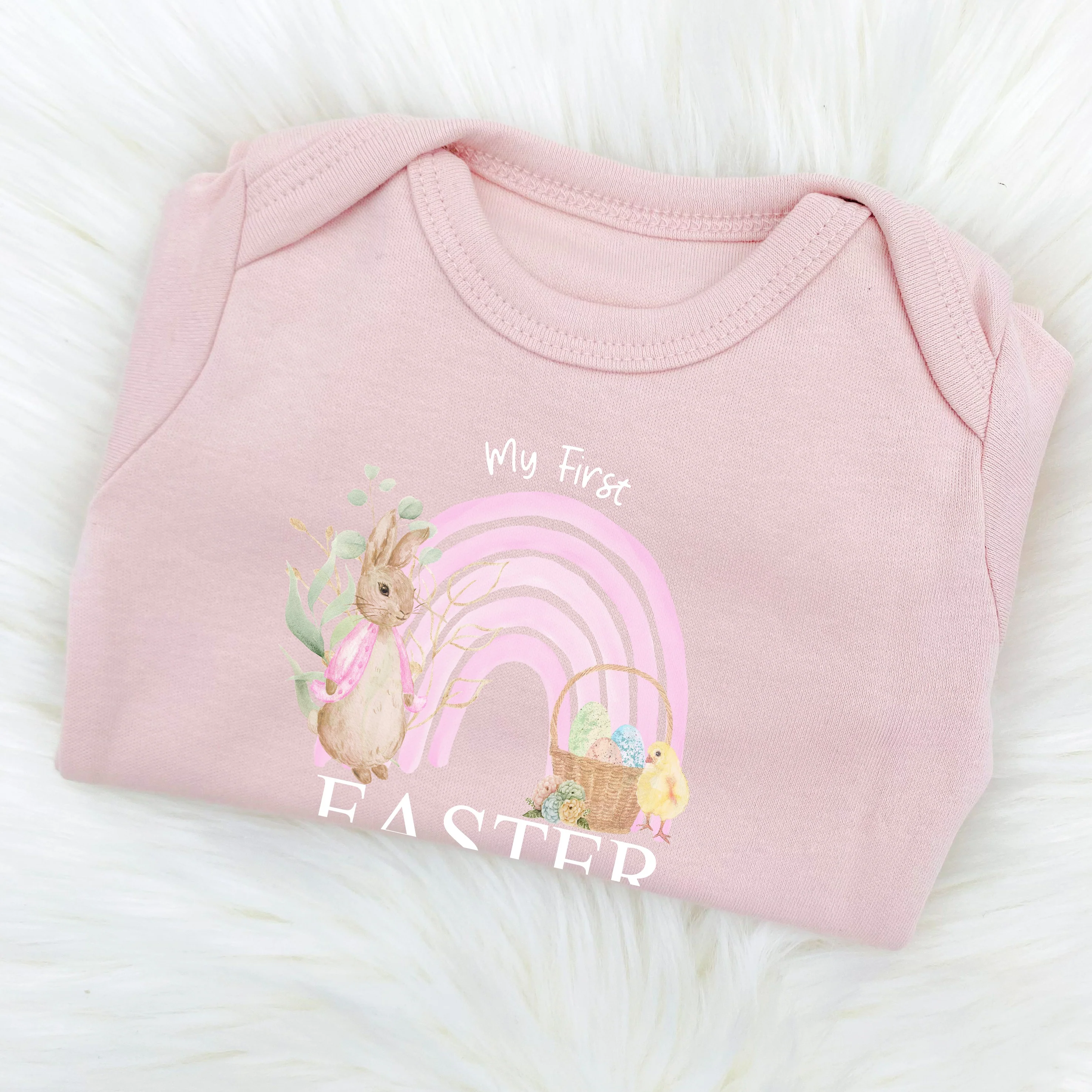 Personalised Pink Rabbit Rainbow My First Easter Baby Grow, Vest or Bib - Image 4