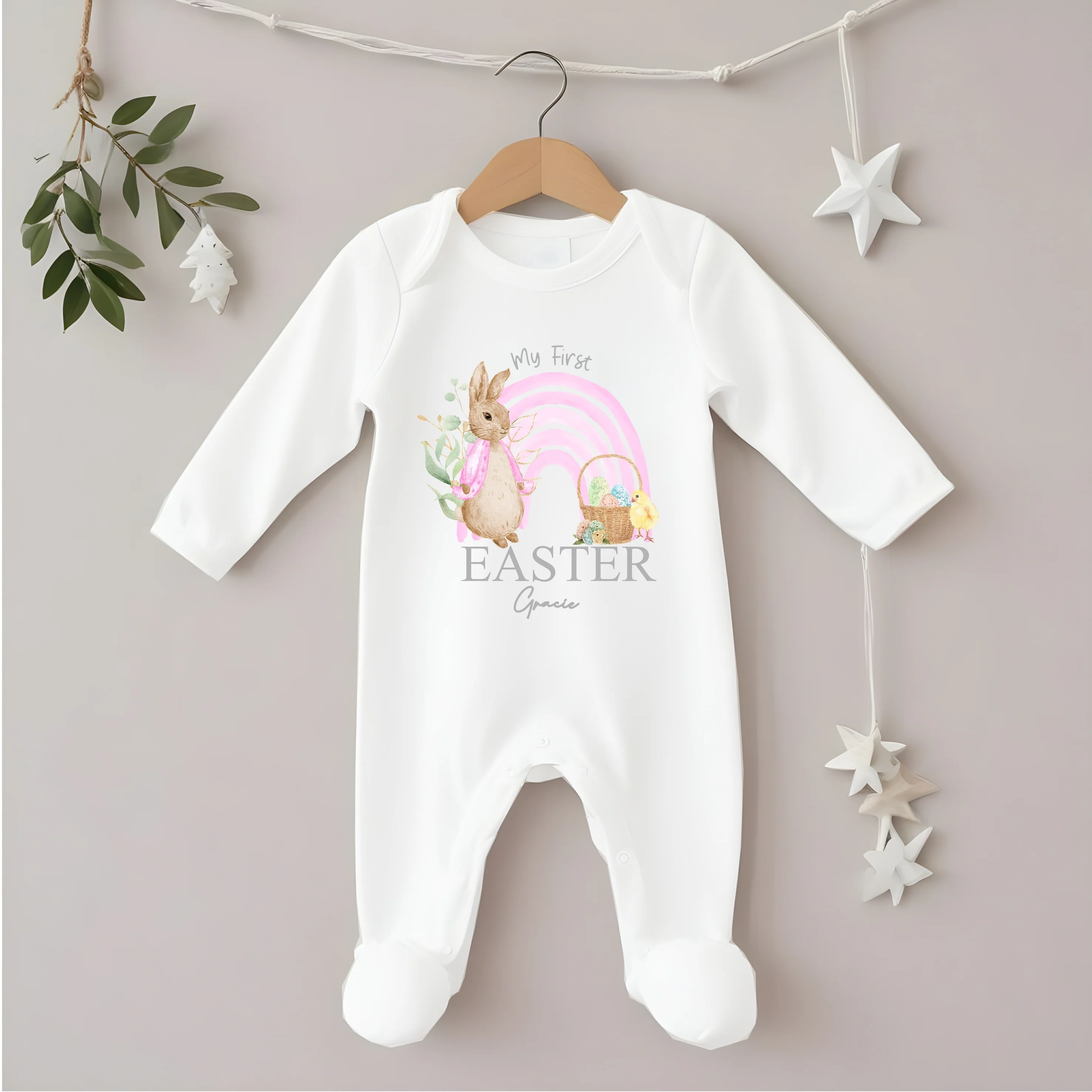 Personalised Pink Rabbit Rainbow My First Easter Baby Grow, Vest or Bib - Image 5