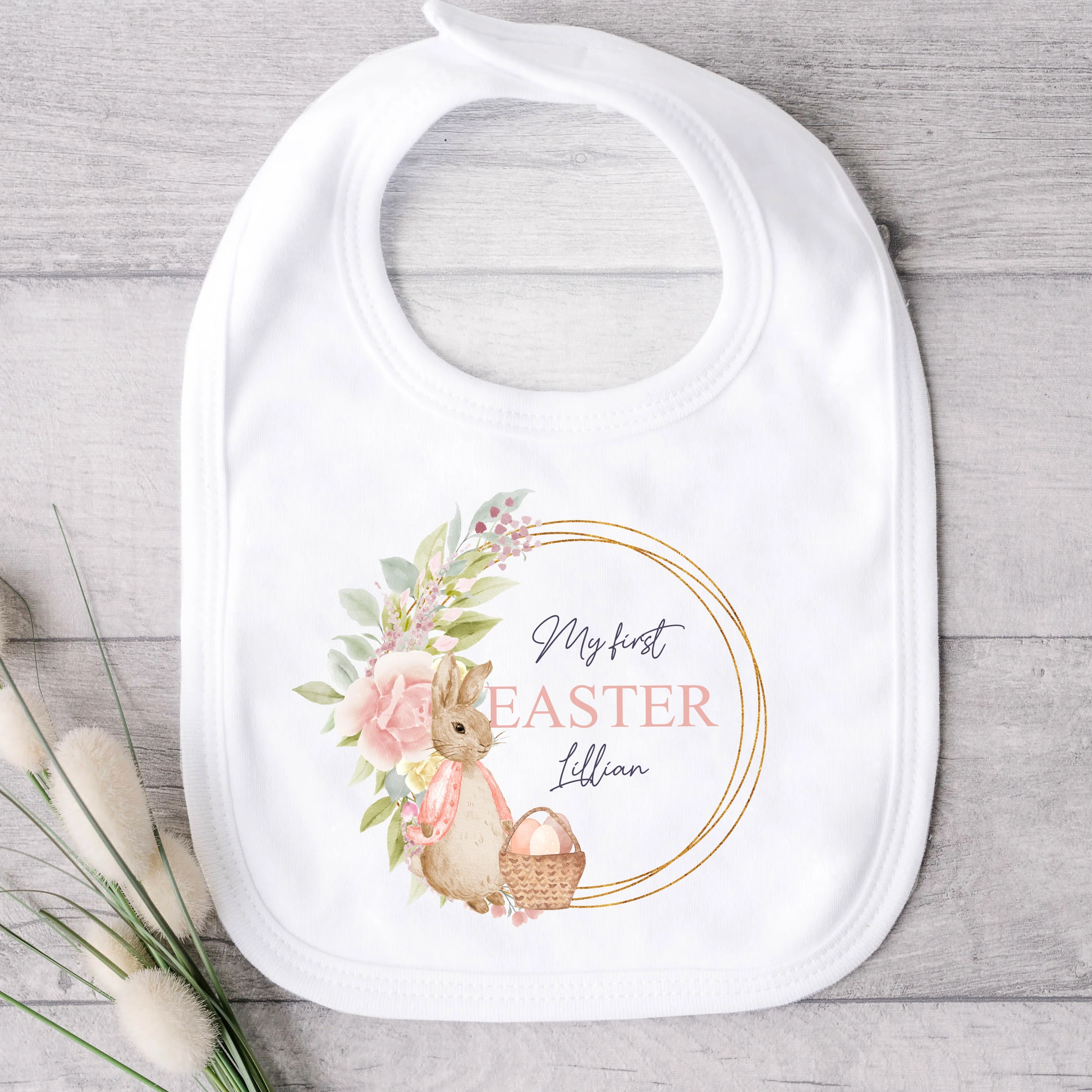Personalised Pink Rabbit Wreath My First Easter Baby Grow, Vest or Bib - Image 3
