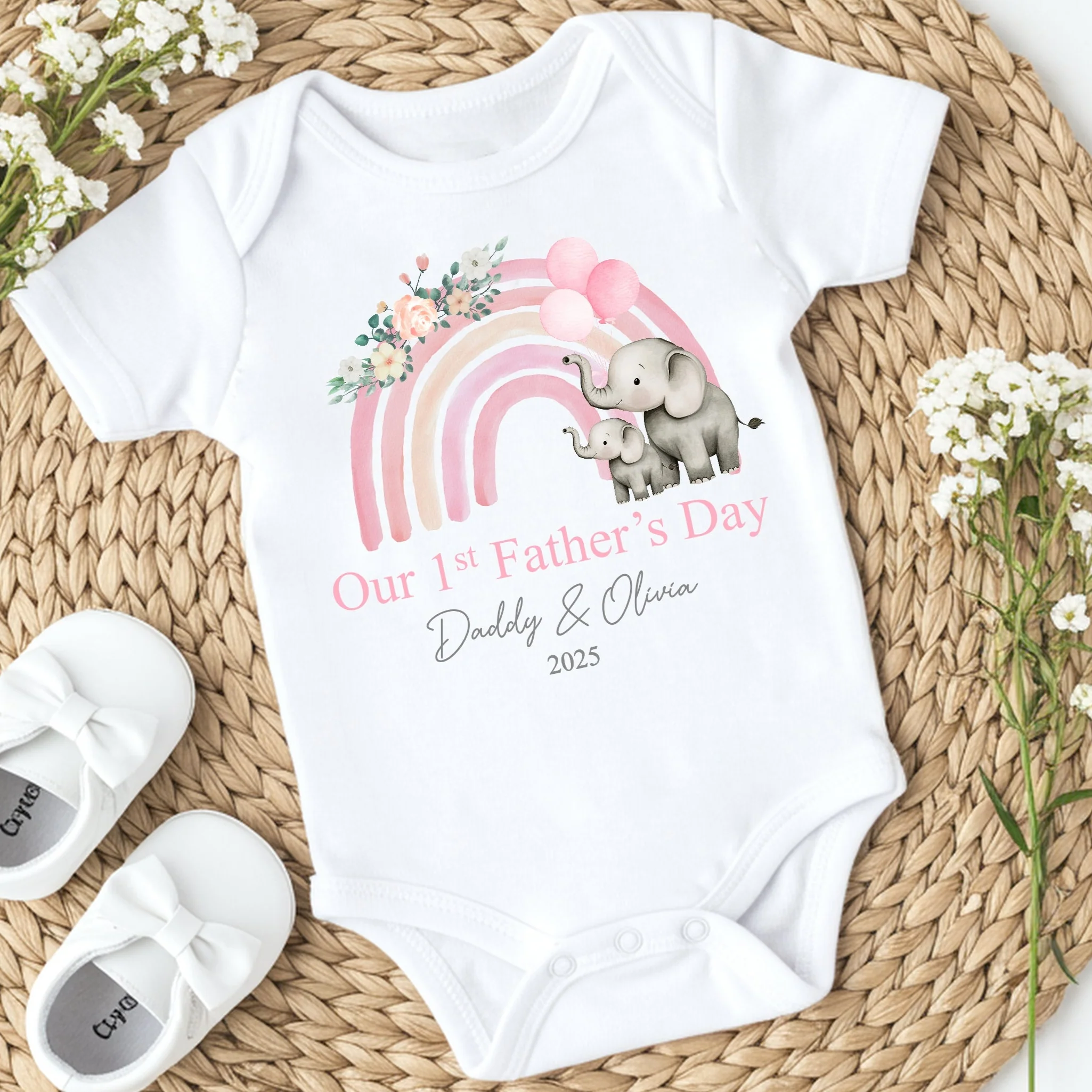 Personalised Pink Rainbow Elephants First Father's Day Baby Grow or Vest - Image 2