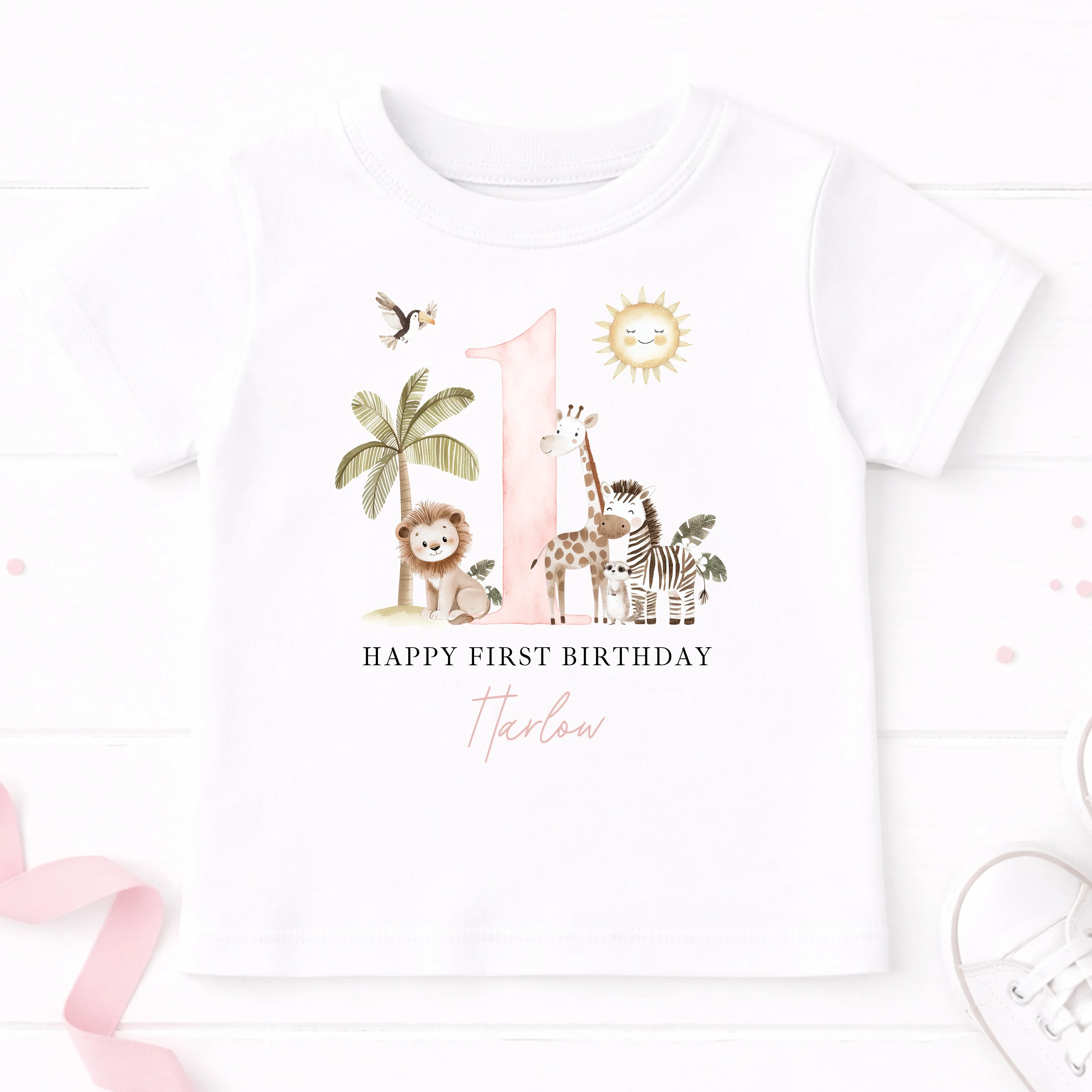 Personalised Pink Safari Today I Am One First Birthday T-Shirt
