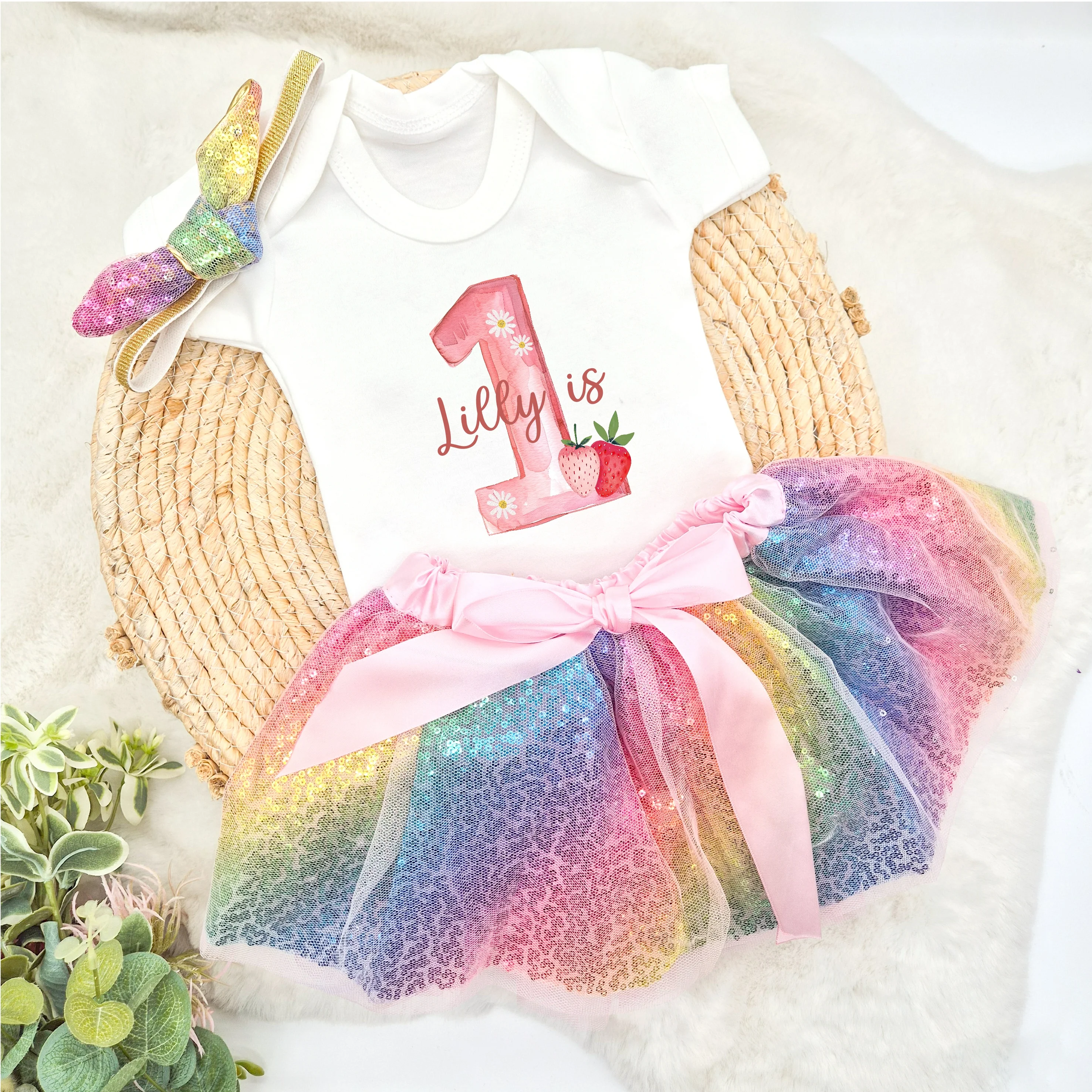 Personalised Pink Strawberry First Birthday Vest and Tutu Set - Image 3