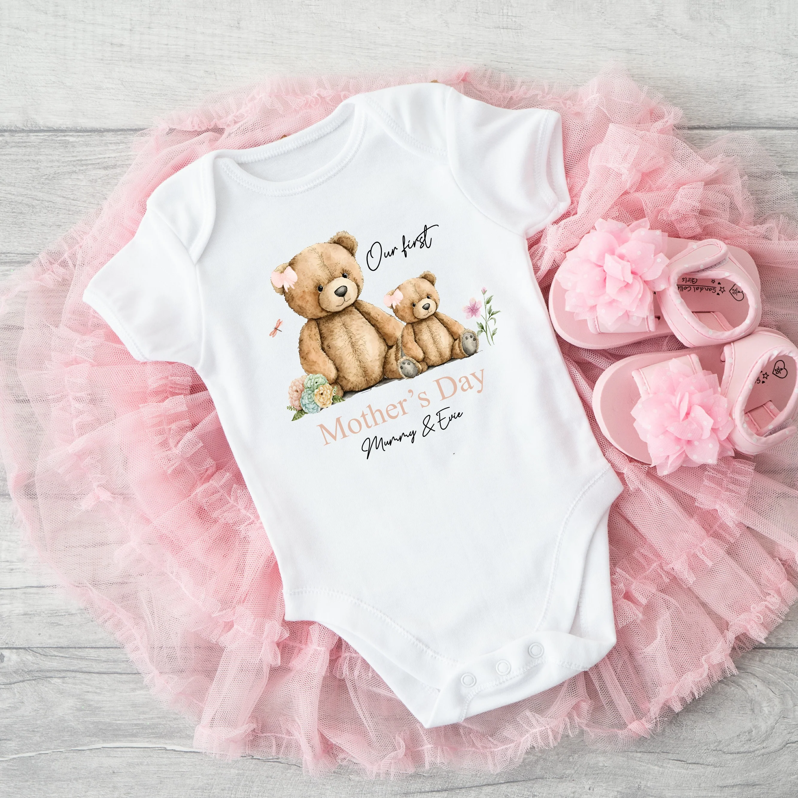 Personalised Pink Teddies Our First Mother's Day Baby Grow or Vest - Image 4