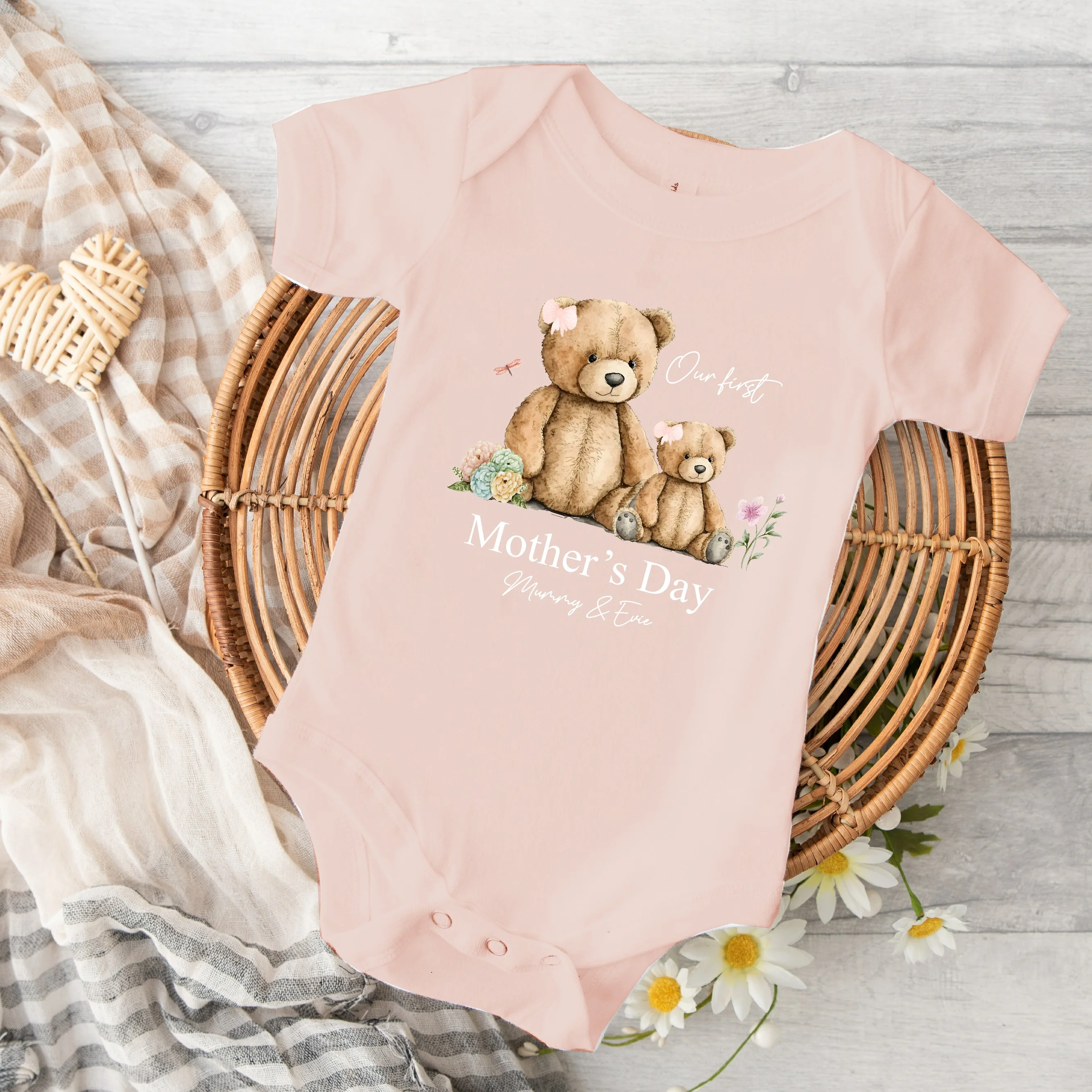 Personalised Pink Teddies Our First Mother's Day Baby Grow or Vest - Image 5