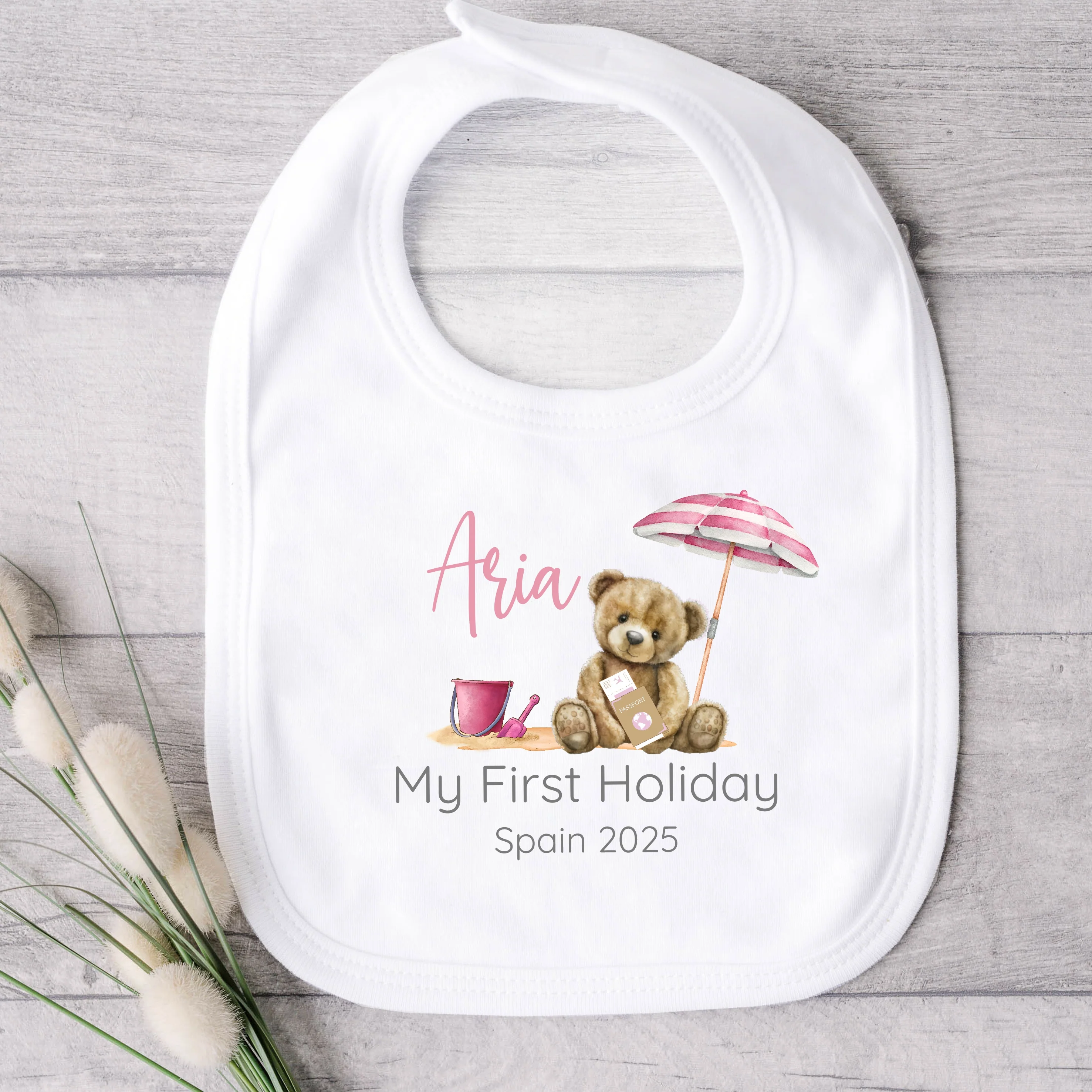 Personalised Pink Teddy Beach First Holiday Baby Vest or T-Shirt - Image 3