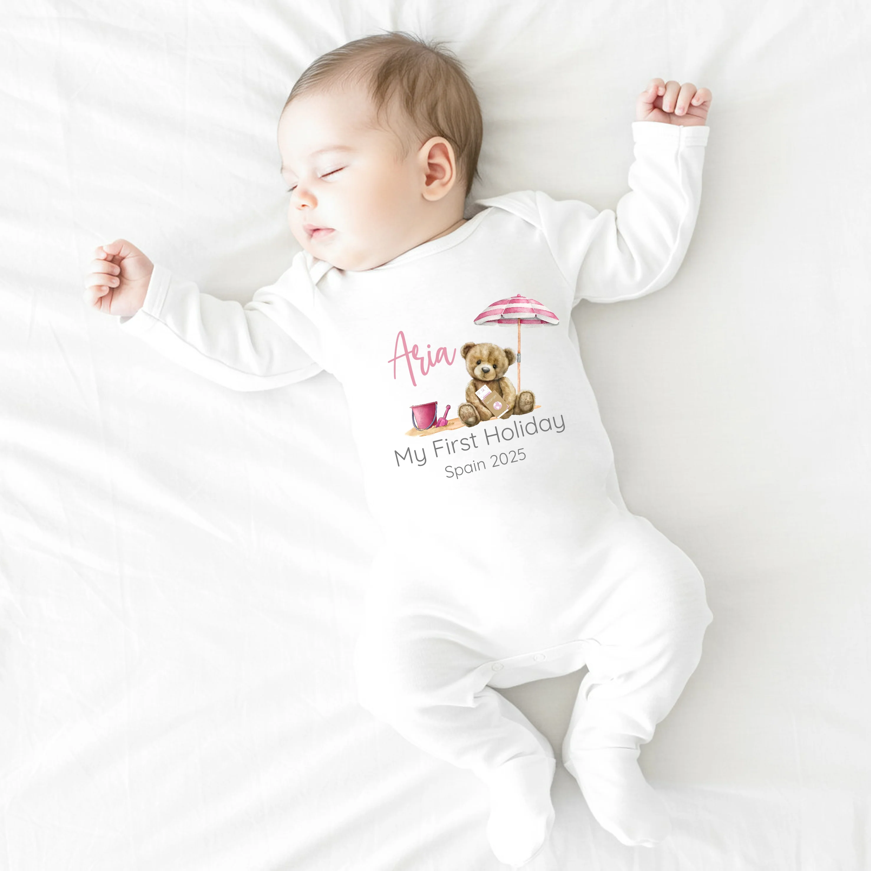 Personalised Pink Teddy Beach First Holiday Baby Vest or T-Shirt - Image 4