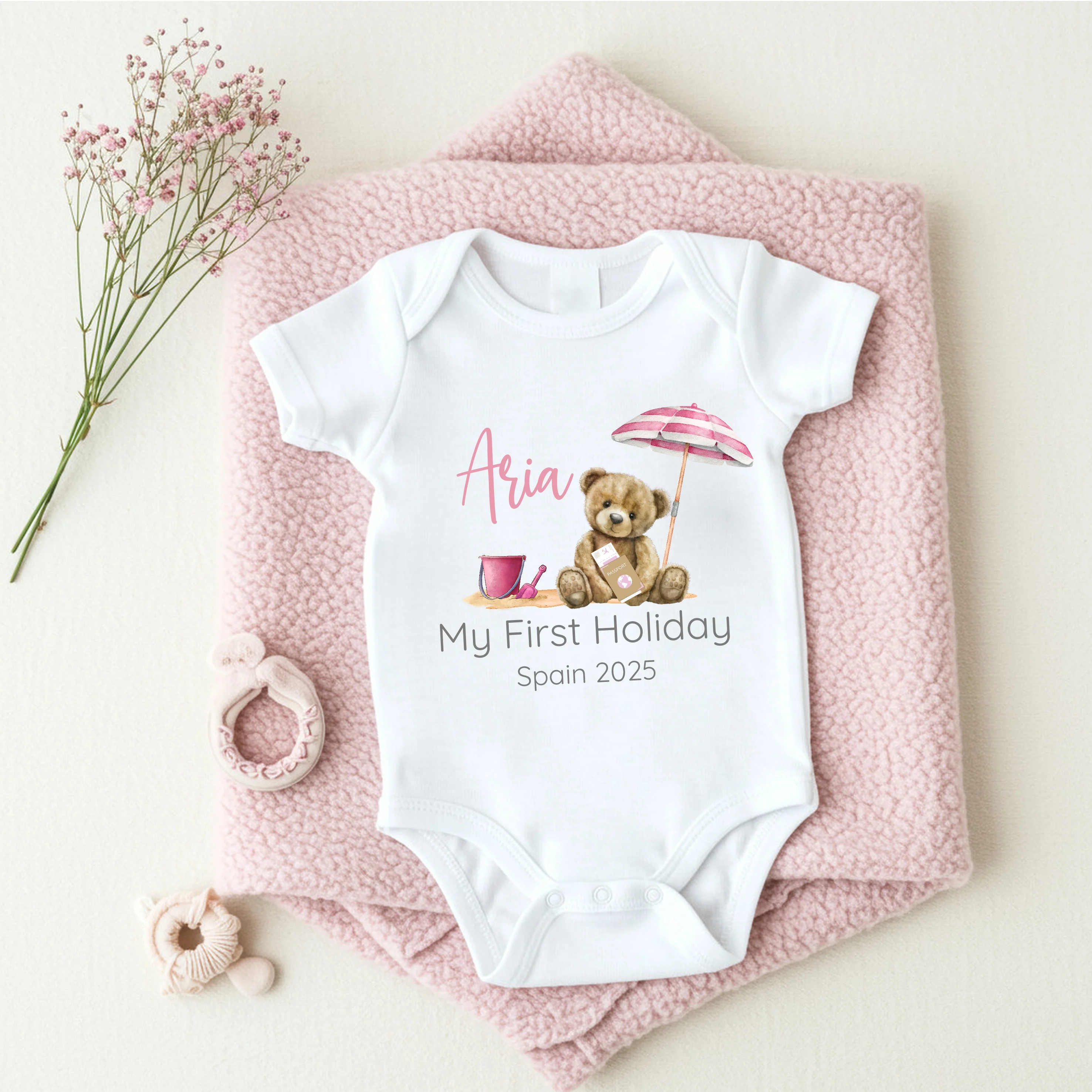 Personalised Pink Teddy Beach First Holiday Baby Vest or T-Shirt - Image 5