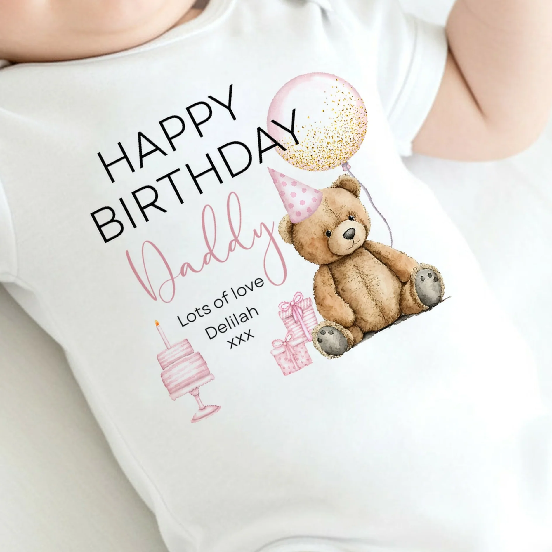 Personalised Pink Teddy Bear Happy Birthday Daddy Baby Grow or Vest - Image 2