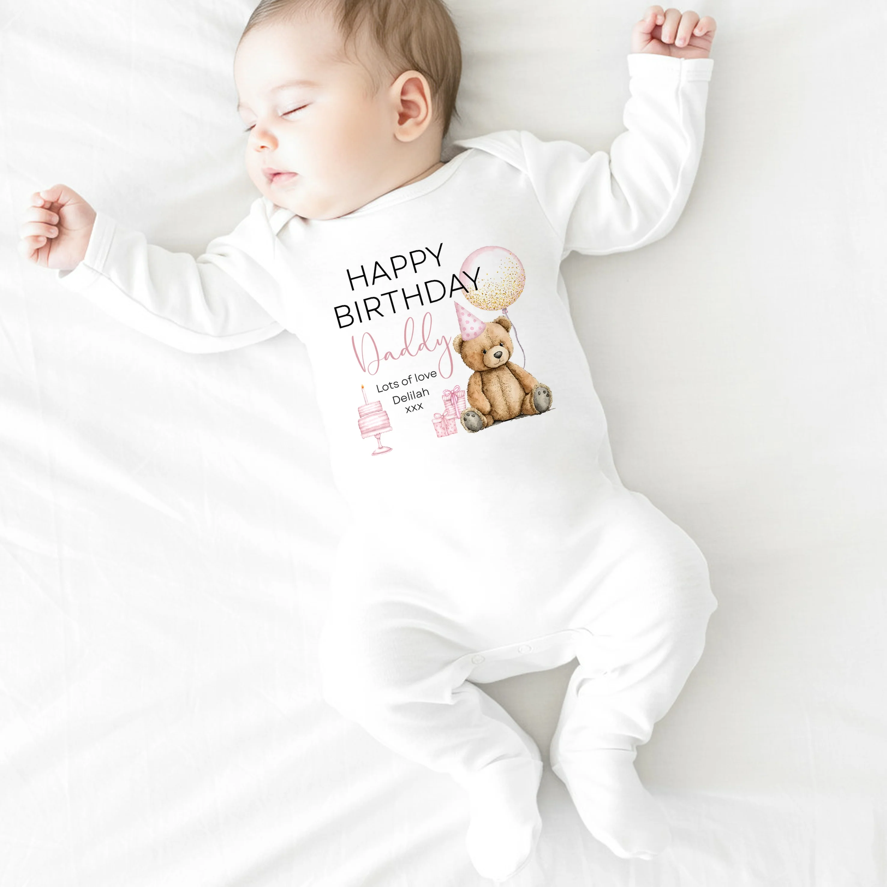 Personalised Pink Teddy Bear Happy Birthday Daddy Baby Grow or Vest - Image 3