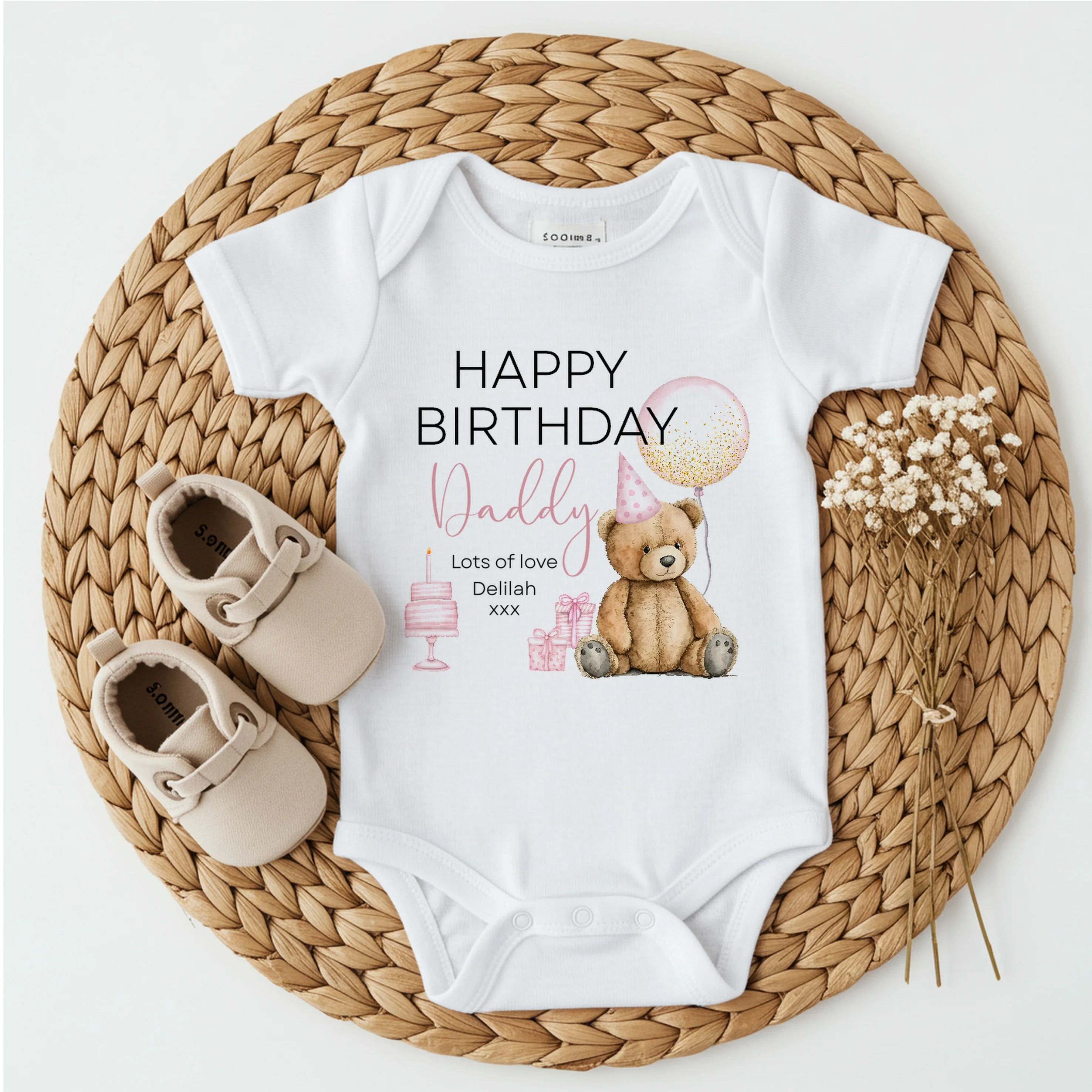 Personalised Pink Teddy Bear Happy Birthday Daddy Baby Grow or Vest - Image 4